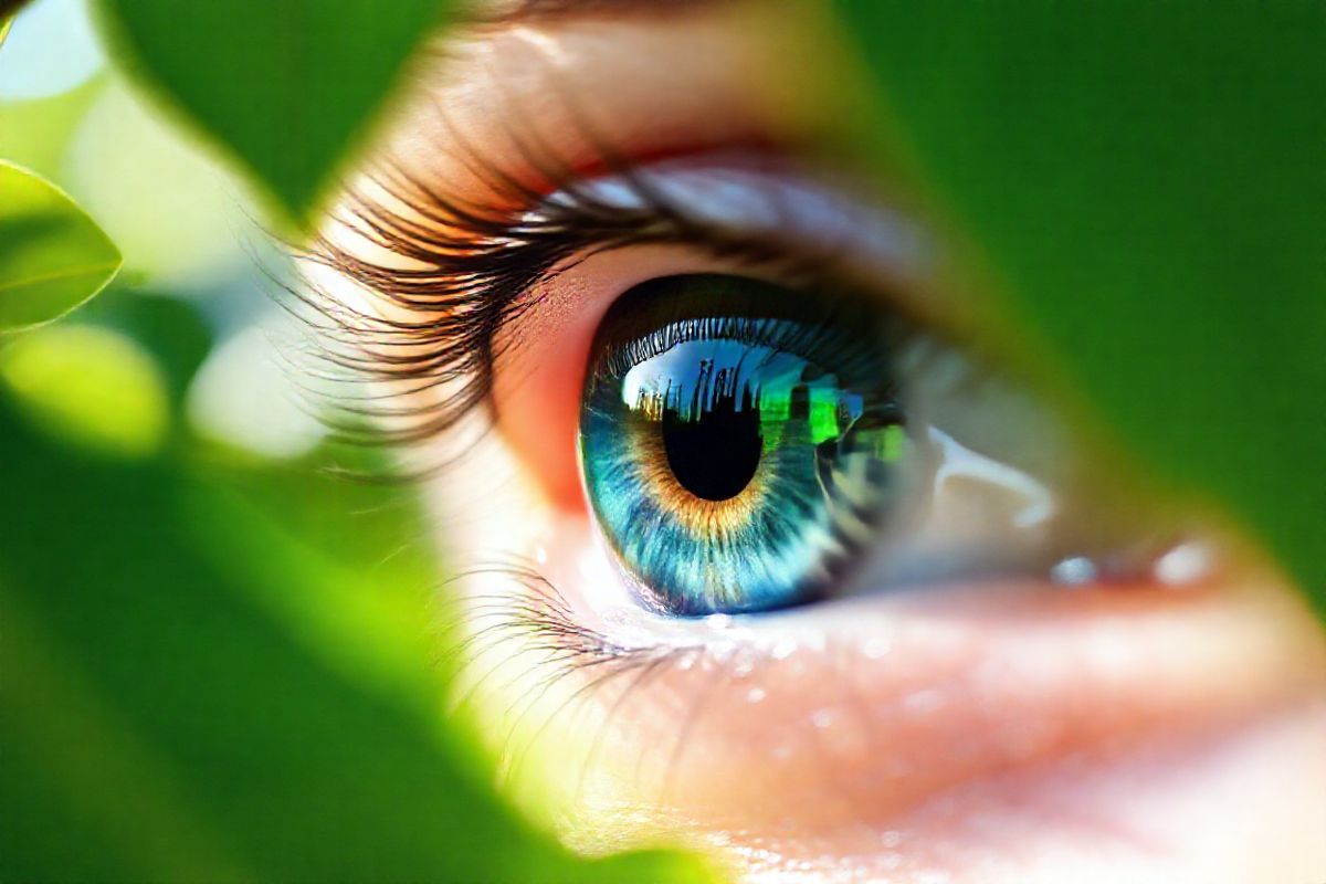 A serene and photorealistic image of a close-up view of a human eye, capturing intricate details that emphasize its complexity and beauty. The eye is framed against a soft, blurred background of natural elements, suggesting a peaceful outdoor setting. The iris displays a rich spectrum of colors, with vibrant hues of blue and green intermingling, reflecting light in a way that adds depth and life. Fine veins are visible in the sclera, hinting at the delicate nature of eye health. Surrounding the eye, lush green leaves and soft, diffused sunlight filter through, evoking a sense of tranquility and connection to nature. The image conveys a message of vigilance and awareness, symbolizing the importance of monitoring eye health for individuals with ulcerative colitis. Gentle shadows and highlights enhance the three-dimensionality of the eye, making it appear almost lifelike, while the overall composition invites viewers to appreciate the beauty and fragility of vision. This visually striking representation serves as a reminder of the profound relationship between systemic health and ocular well-being.