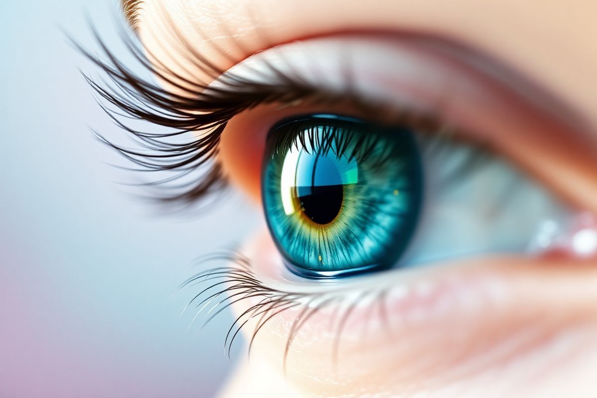 A close-up photorealistic image of an eye, capturing intricate details that emphasize its beauty and complexity. The iris is a vibrant mix of deep blues and greens, with subtle flecks of gold, reflecting light in a mesmerizing way. Surrounding the iris, the sclera is pristine white, with tiny, delicate blood vessels faintly visible, hinting at potential inflammation. The eye is partially open, revealing a glimmer of moisture on the surface, suggesting a natural tear film. In the background, a soft-focus gradient of gentle pastels—pinks, blues, and greens—creates a serene atmosphere, symbolizing calmness and health. The lighting is soft and natural, highlighting the texture of the eyelashes, which frame the eye elegantly. This image evokes a sense of awareness and vigilance regarding eye health, making it suitable for discussions about the ocular complications associated with inflammatory bowel disease. The overall composition is harmonious, drawing the viewer’s attention to the eye while subtly conveying the theme of health and well-being.