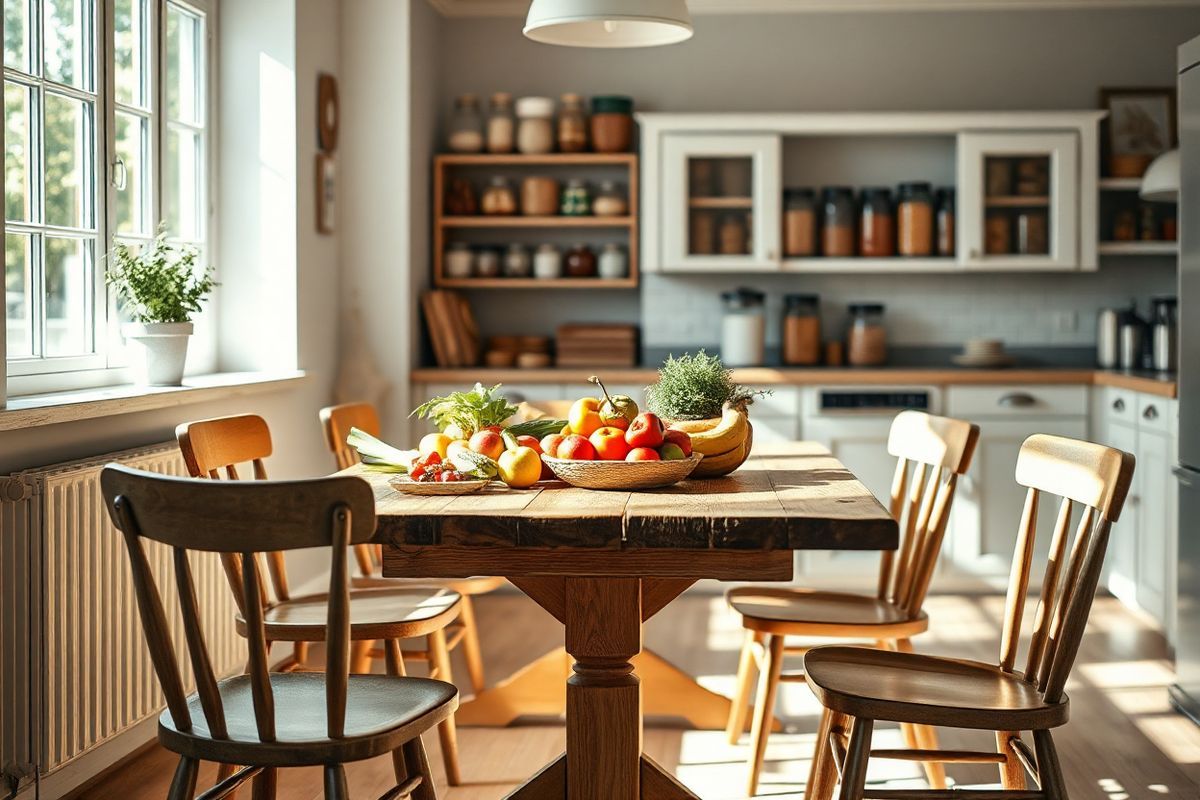 A serene and inviting kitchen setting bathed in soft, natural light through large windows. The focal point is a rustic wooden dining table adorned with a vibrant array of fresh fruits and vegetables, symbolizing health and vitality. Surrounding the table are cozy, mismatched chairs, each with a unique design, reflecting warmth and individuality. In the background, a well-stocked pantry with neatly organized jars and containers showcases a blend of healthy grains and spices, emphasizing the importance of dietary adjustments for managing ulcerative colitis. A small potted plant sits on the windowsill, adding a touch of greenery and life to the scene. The overall atmosphere conveys a sense of comfort, community, and support, inviting viewers to imagine gathering with loved ones to share meals and experiences. Soft shadows and highlights enhance the photorealistic quality, making the kitchen feel lived-in yet meticulously cared for, capturing the essence of resilience and hope in the face of an invisible illness.