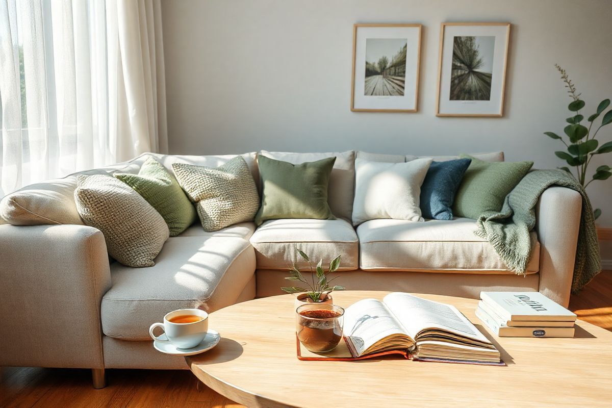 The image depicts a serene and inviting scene of a cozy living room, designed to evoke a sense of comfort and calmness, reflecting the emotional journey of individuals living with ulcerative colitis. Soft, natural light filters through sheer, white curtains, casting gentle shadows on the warm wooden floor. A plush, light-colored sofa is adorned with an array of textured throw pillows in soothing hues of green and blue, symbolizing hope and tranquility.   In the foreground, a coffee table is adorned with a steaming cup of herbal tea, a small potted plant, and an open journal, suggesting mindfulness and self-care practices. On the wall, there are framed photographs of nature, emphasizing the importance of a nurturing environment.   A cozy blanket is draped over the arm of the sofa, inviting relaxation. The overall ambiance is peaceful, with subtle touches that convey resilience and support, such as a few wellness books stacked neatly on the table. This image captures a moment of quiet reflection, embodying the strength and courage of those navigating life with an invisible illness.