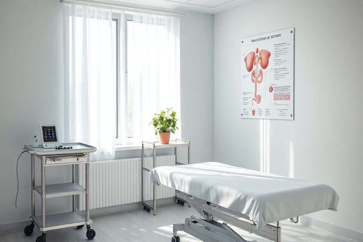 A photorealistic image depicting a serene healthcare setting, focusing on a clean and modern examination room. The room is softly lit with natural light streaming through a large window adorned with sheer, white curtains. In the foreground, a comfortable examination table is covered with a crisp, white sheet, flanked by a sleek, stainless steel medical cart stocked with essential tools and supplies. A potted plant with lush green leaves sits on a windowsill, adding a touch of nature to the space. The walls are painted in calming shades of light blue and white, creating a tranquil atmosphere. In the background, a poster of the urinary system and its components is subtly displayed, emphasizing the importance of awareness and health education. The overall ambiance is inviting and peaceful, suggesting a space where patients can feel secure and cared for while discussing their health concerns. The image evokes a sense of professionalism and compassion, resonating with the theme of recognizing and addressing serious health symptoms effectively.