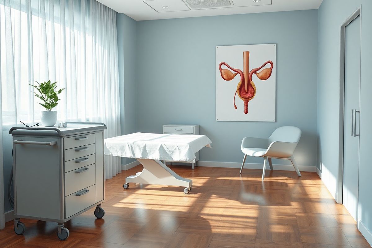 A serene and photorealistic image of a tranquil medical examination room, softly lit with natural light filtering through sheer curtains. The room features a modern examination table with crisp white linens, flanked by a sleek, minimalist medical cart stocked with essential instruments. On the wall, there is a large anatomical poster depicting the human urinary system, highlighting the urethra in a detailed yet artistic manner. A small potted plant sits on a windowsill, adding a touch of greenery to the calming environment. The floor is polished wood, reflecting the light and enhancing the peaceful atmosphere. In the corner, a comfortable chair invites patients to sit and discuss their concerns with a healthcare provider. The overall color palette is soothing, with soft blues and whites, creating a welcoming space for those seeking medical advice related to urinary health. This image embodies a sense of professionalism and care, making it an ideal complement to the discussion of urethral cancer and its implications.