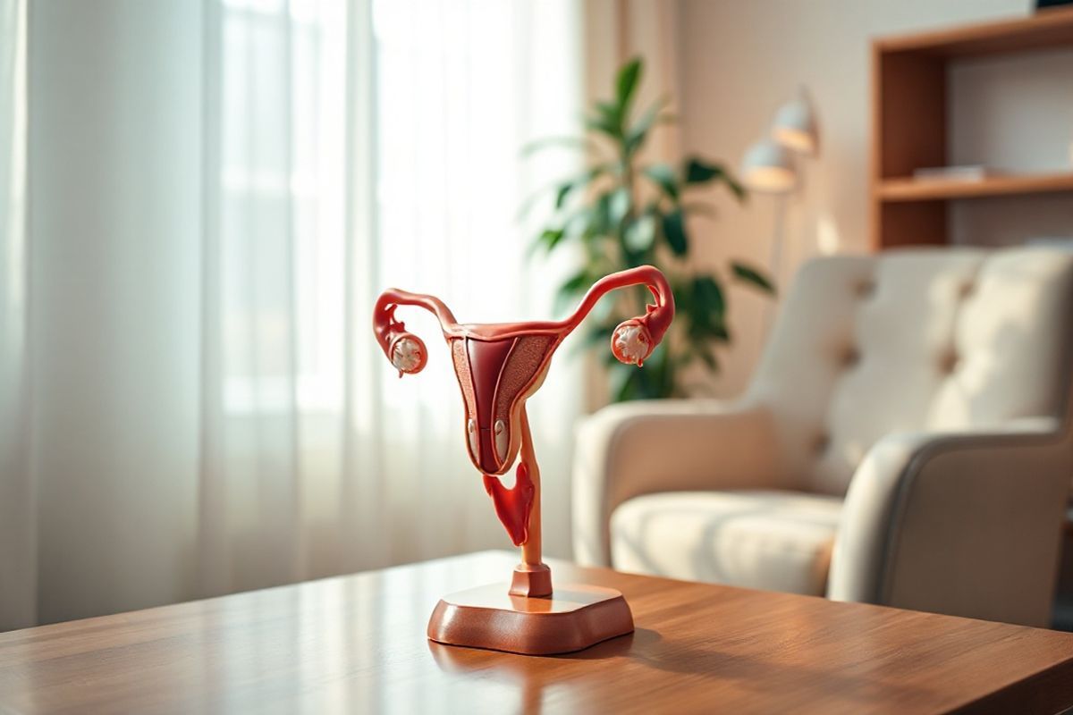 A serene and intimate scene unfolds in a softly lit doctor’s office, with a focus on a delicate, anatomical model of the female reproductive system displayed prominently on a polished wooden table. The model is intricately detailed, showcasing the uterus, cervix, and ovaries in vibrant colors, emphasizing the complexity of the anatomy. In the background, a gentle, blurred view of a potted plant adds a touch of nature, symbolizing hope and healing. The walls are adorned with calming pastel shades, and a cozy chair upholstered in soft fabric invites patients to sit and engage in discussions about their health. Natural light filters through sheer curtains, casting a warm glow on the scene, enhancing the sense of tranquility. The overall composition conveys a feeling of safety and comfort, making it an ideal space for women to discuss sensitive health issues, including those related to hysterectomies and vaginal cancer, fostering an atmosphere of understanding and support.