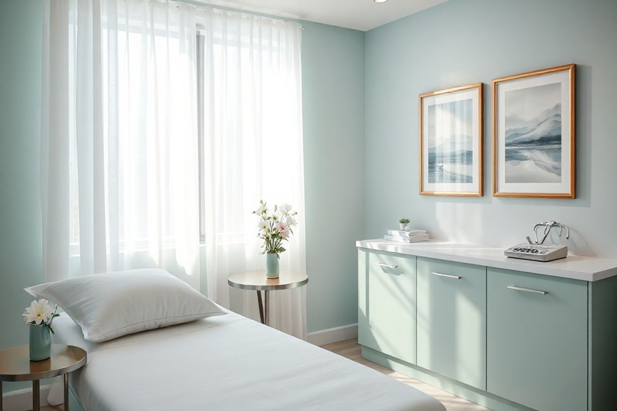 A serene and intimate setting featuring a softly lit examination room designed for gynecological care. The room is adorned with gentle pastel colors, primarily soft blues and greens, creating a calming atmosphere. In the foreground, a comfortable examination table is neatly made with crisp white linens and a plush pillow. A small vase of fresh flowers—perhaps white lilies and soft pink roses—sits on a nearby table, adding a touch of warmth and life to the space.   To one side, a large window allows natural light to filter in, illuminating the room with a soft glow, while sheer curtains flutter gently with the breeze. On the opposite wall, a tasteful arrangement of medical instruments is neatly displayed on a counter, reflecting a sense of professionalism and care. Framed artwork depicting soothing landscapes or abstract forms complements the decor, emphasizing tranquility and healing. Overall, the image conveys a sense of safety, comfort, and hope, inviting patients to feel at ease in a crucial healthcare environment.