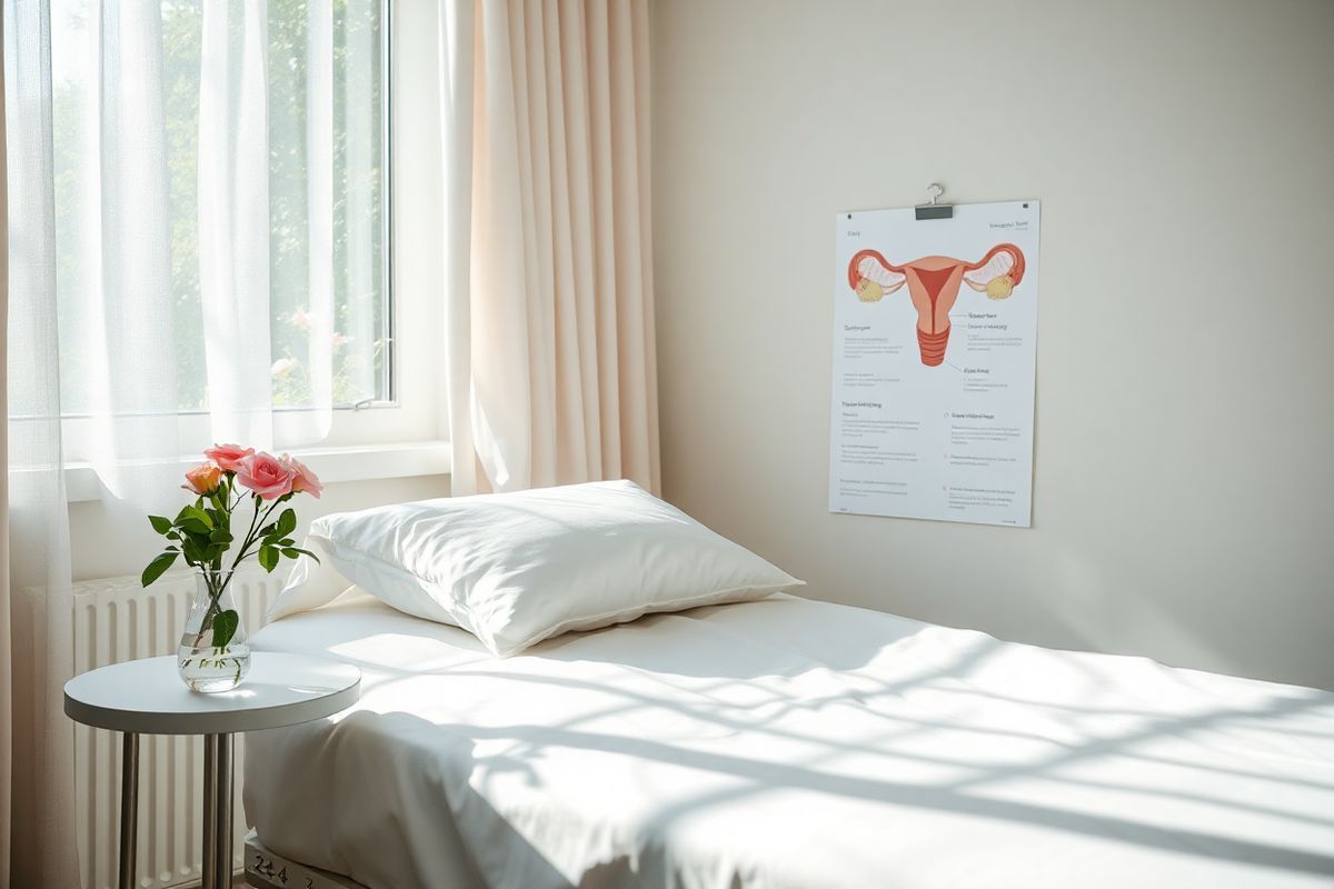 A serene and calming hospital room is depicted in soft, natural light filtering through sheer curtains, creating a tranquil atmosphere. In the foreground, a comfortable hospital bed is neatly made, with crisp white linens and a plush pillow. A small bedside table holds a delicate vase of fresh flowers, their vibrant colors contrasting with the sterile environment. Nearby, a medical chart is clipped to the wall, showcasing a detailed diagram of the female reproductive system, subtly hinting at the focus on post-operative care. The walls are painted in soothing pastel hues, contributing to the room’s peaceful ambiance. In the background, a window offers a glimpse of a lush garden, with green foliage and blooming flowers visible, symbolizing healing and recovery. The overall composition embodies a sense of hope and comfort, inviting viewers to reflect on the importance of attentive care and the journey of recovery after a hysterectomy. The image captures the essence of support and healing, reinforcing the message of recognizing symptoms and the significance of prompt medical attention.