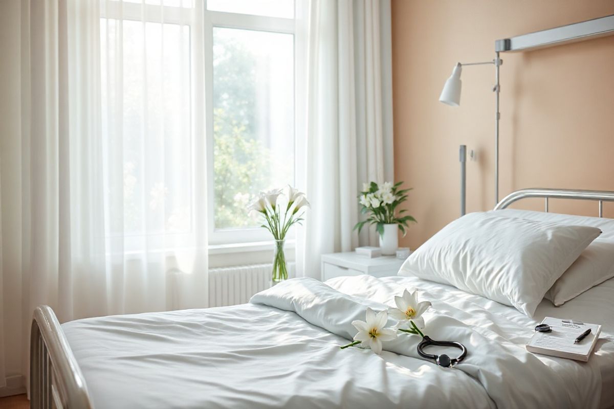 A serene and calming post-operative recovery room, softly lit with warm, natural light streaming through sheer curtains. In the foreground, a neatly made hospital bed is adorned with crisp white linens and a plush, pale blue blanket, hinting at comfort and care. A small bedside table holds a simple vase of fresh white lilies, symbolizing purity and healing. Nearby, a medical chart with a stethoscope rests, suggesting attentive care and monitoring. The walls are painted in soothing pastel colors, creating a tranquil atmosphere. In the background, a window reveals a peaceful garden view, with gentle green foliage and blooming flowers, representing renewal and recovery. The overall composition exudes a sense of safety, support, and hope, perfectly reflecting the emotional journey of patients recovering from a hysterectomy and the importance of healing in a nurturing environment.