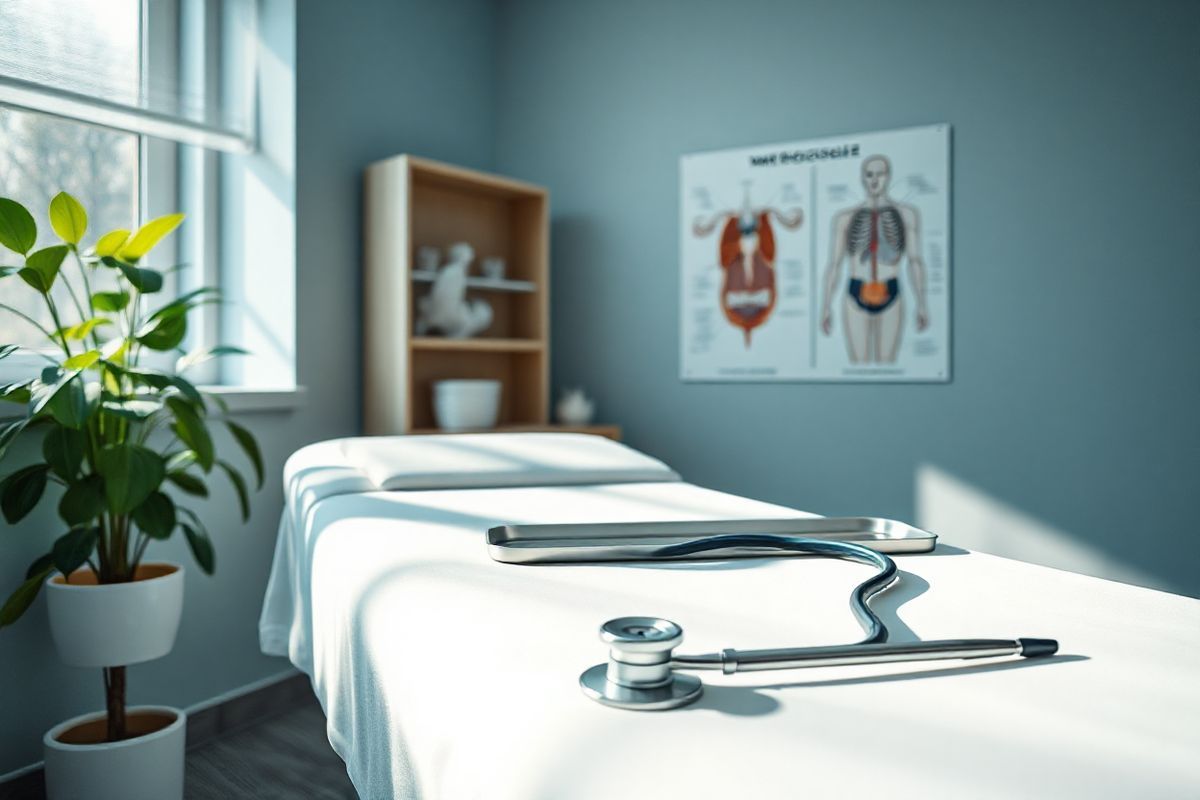 A photorealistic decorative image depicts a serene medical setting focused on men’s health. In the foreground, a well-organized examination room features a sleek, modern examination table draped in crisp white linens, complemented by a soft lighting ambiance that creates a calming effect. On a nearby wall, anatomical diagrams of the male reproductive system and varicocele are displayed, emphasizing education and awareness. The color palette consists of soothing blues and greens, promoting tranquility.   In the background, a potted plant with lush green leaves adds a touch of nature, symbolizing health and vitality. A stethoscope lies neatly on a stainless steel tray, indicating readiness for examination. A window allows natural light to filter in, casting gentle shadows and enhancing the inviting atmosphere of the room. The overall composition conveys a sense of professionalism and care, encouraging patients to seek help regarding varicocele and related health issues. The image captures the essence of a supportive environment where men can feel at ease discussing their health concerns.