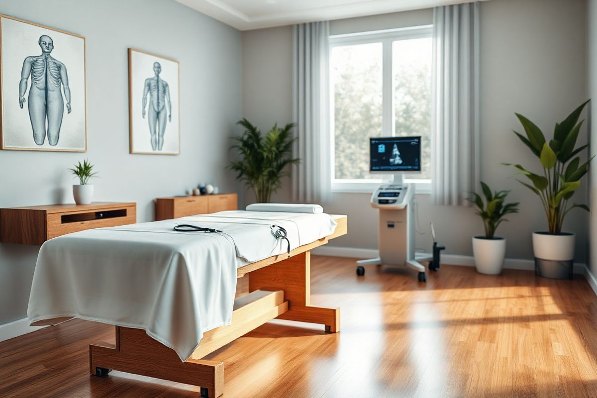 A photorealistic decorative image features a serene, softly lit medical examination room with a subtle focus on a wooden examination table draped in crisp white sheets. To the side, a sleek, modern ultrasound machine stands ready, its screen softly glowing with a faint blue light. In the background, a large window allows natural light to filter in, illuminating the space with a warm, inviting glow. On the walls, calming artwork depicting abstract forms of human anatomy adds an artistic touch, while potted plants bring a touch of nature indoors, enhancing the tranquil atmosphere. The floor is made of polished wood, reflecting the soft light and creating a sense of warmth and comfort. A stethoscope lies casually on the table, symbolizing the medical focus of the room. This image conveys a sense of professionalism and care, ideal for a setting where men can feel comfortable discussing health concerns related to varicocele and other scrotal conditions. The overall composition evokes a feeling of safety, reassurance, and readiness for medical evaluation and treatment.