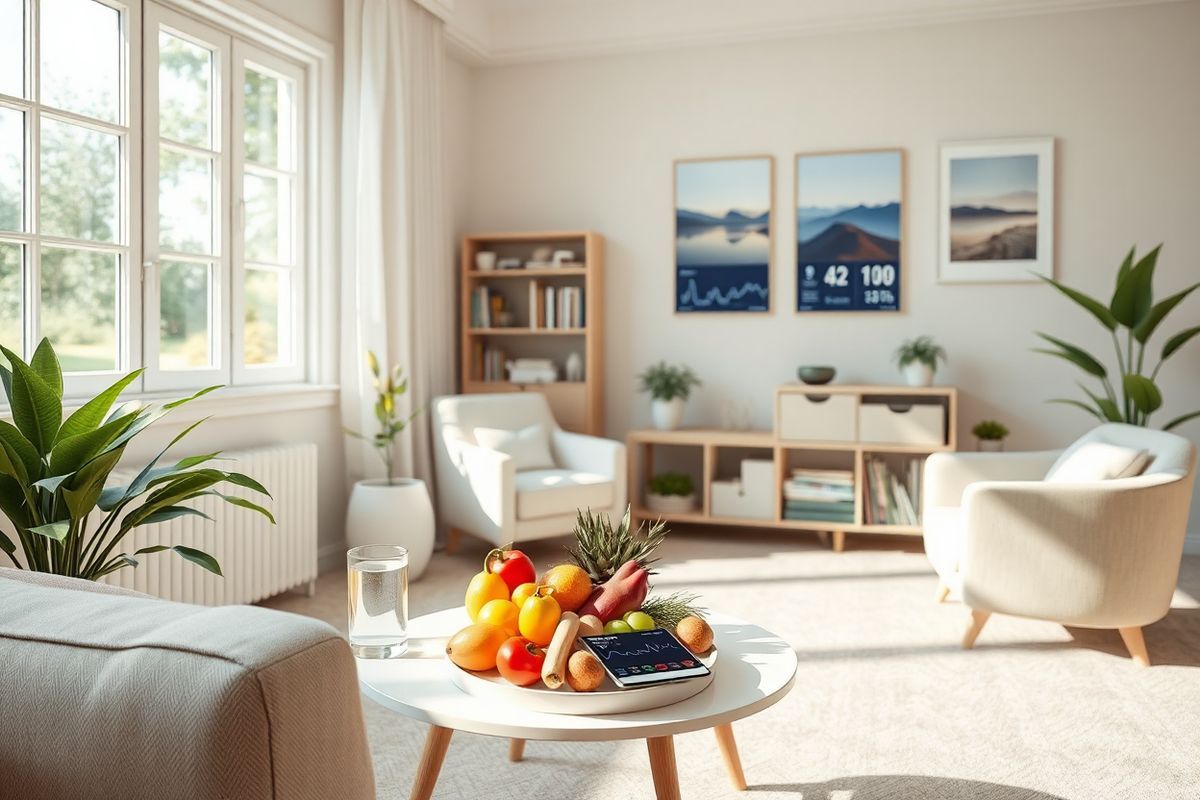 A photorealistic image depicting a serene, cozy living room setting designed for health-conscious individuals managing heart failure. The room features a soft, neutral color palette with light pastel accents, creating a calming atmosphere. A large window allows natural light to pour in, illuminating a small coffee table adorned with a heart-healthy meal of colorful fresh fruits and vegetables, a glass of water, and a tablet displaying a heart rate app. In the background, a comfortable armchair is positioned near a bookshelf filled with health-related literature and a few potted plants, symbolizing a nurturing environment. On the wall, framed images of serene landscapes evoke tranquility, while a digital display subtly shows heart health statistics without text. The overall composition conveys a sense of wellness, balance, and the importance of lifestyle choices in heart failure management, inviting viewers to envision a supportive space for their health journey.