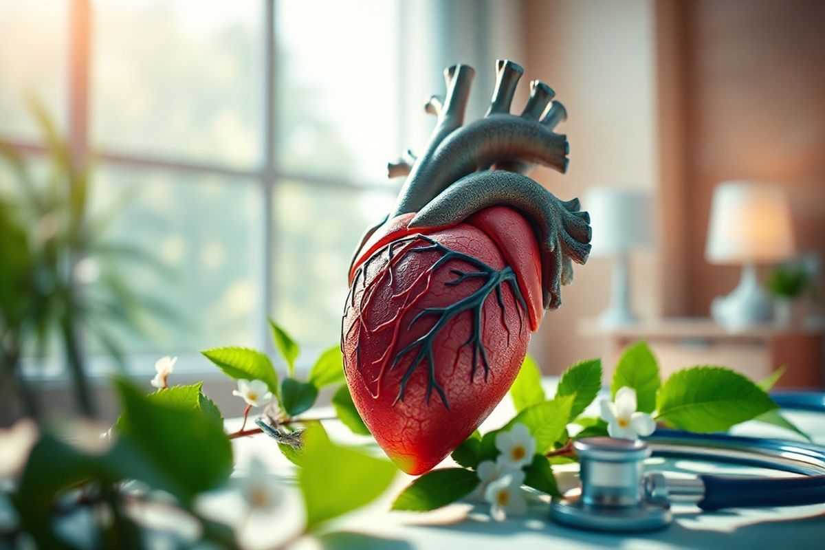 A serene and photorealistic image depicting a tranquil heart health scene. The foreground features a close-up of a healthy, vibrant heart model, intricately detailed to showcase its anatomical structure, with blood vessels radiating outwards. Surrounding the heart are lush green leaves and delicate flowers, symbolizing vitality and life. In the background, a softly blurred hospital environment conveys a sense of care and recovery, with warm lighting filtering through large windows. A stethoscope rests on a nearby bedside table, emphasizing the medical context. The overall color palette includes soothing blues and greens, evoking feelings of calm and reassurance, while hints of sunlight create a hopeful atmosphere. This image captures the essence of heart health management, highlighting the importance of care and the positive impact of treatments like Verquvo.