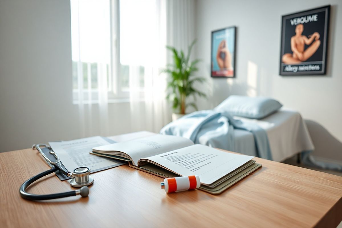 A serene and inviting medical setting is depicted, featuring a well-lit examination room with soft, neutral tones. In the foreground, a sleek wooden table holds an open medical folder displaying a patient’s medication list, including Verquvo. Beside it, a stethoscope and a small, elegant epinephrine auto-injector rest, symbolizing the importance of emergency preparedness for allergic reactions.   In the background, a large window allows natural light to flood the space, illuminating a potted plant that adds a touch of nature and tranquility. The walls are adorned with framed images of heart health and allergy awareness, enhancing the theme of patient education. A comfortable examination bed is neatly made, with a light blue sheet draped over it, inviting patients to feel at ease.  The overall composition conveys a sense of calm and professionalism, emphasizing the importance of monitoring health and being prepared for allergic reactions while on Verquvo. The image captures the essence of patient care, safety, and the proactive approach to managing health conditions in a photorealistic manner.