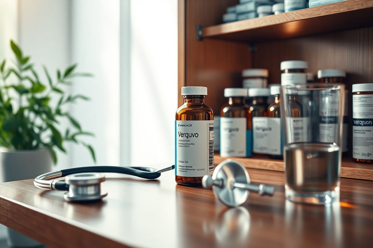 A photorealistic image depicting a serene and tranquil scene of a modern medicine cabinet, elegantly arranged with various prescription bottles, including a prominently displayed bottle of Verquvo (vericiguat). The cabinet’s wooden surface is polished and reflects soft, warm light filtering through a nearby window, creating a calming atmosphere. In the background, a subtle green plant adds a touch of nature, symbolizing health and vitality. The bottles are labeled with clear, well-organized tags, showcasing their contents while maintaining a clean aesthetic. A stethoscope rests nearby, hinting at the medical context, and a glass of water sits invitingly next to the cabinet, suggesting the importance of hydration in health management. The overall composition conveys a sense of care, professionalism, and a commitment to heart health, making it an appropriate visual companion to the discussion of heart failure treatment and the significance of Verquvo in patient care.