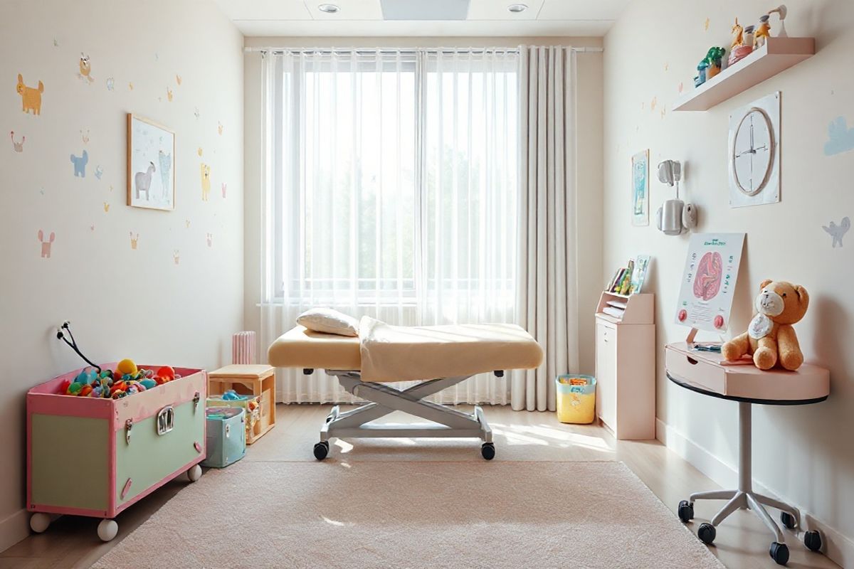 A photorealistic image depicting a serene and well-lit pediatric examination room, designed to convey a sense of calm and comfort. The room features soft pastel-colored walls adorned with cheerful, child-friendly artwork, such as playful animals and nature scenes. A plush, inviting examination table is centered in the room, covered with a clean, bright examination sheet. Nearby, a colorful toy chest overflows with various toys and books, offering distraction and comfort for young patients. A large window allows natural light to flood the space, with sheer curtains gently swaying in the breeze, enhancing the peaceful atmosphere. On a side table, a stethoscope, a chart of the human urinary system, and a stuffed animal are neatly arranged, subtly hinting at the medical theme without being overt. The floor is covered in a soft, patterned rug that adds warmth to the room, making it feel welcoming and safe for children and their families. This image embodies a nurturing environment where early detection and management of conditions like VUR can take place, emphasizing the importance of care and support in pediatric health.