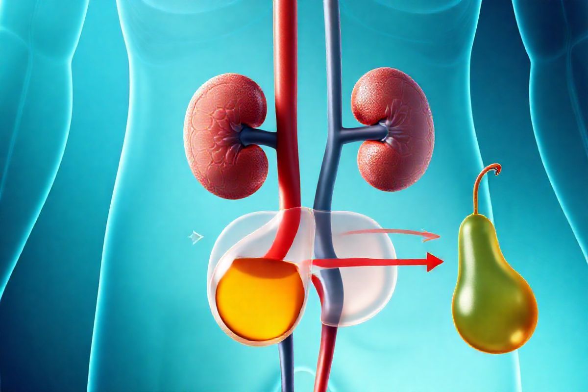 A photorealistic image captures an anatomical illustration of the human urinary system, highlighting the kidneys, ureters, bladder, and urethra in a detailed and vibrant manner. The kidneys are depicted as bean-shaped organs with intricate textures, surrounded by a soft gradient background that transitions from deep blue to light aqua, symbolizing the flow of urine. The ureters are shown as slender tubes extending from the kidneys to the bladder, elegantly curving to illustrate their function. The bladder is represented as a translucent, pear-shaped structure, partially filled with a golden liquid, signifying urine. Veins and arteries are subtly integrated into the design, showcasing the blood supply to the kidneys. An overlay of faint, translucent arrows illustrates the normal flow of urine from the kidneys to the bladder, while a contrasting, red-tinted arrow indicates the backward flow associated with vesicoureteral reflux. Soft lighting casts gentle shadows across the organs, enhancing the three-dimensional effect and providing a sense of realism. The overall composition is both educational and aesthetically pleasing, making it an ideal visual accompaniment for a discussion on vesicoureteral reflux and its implications.