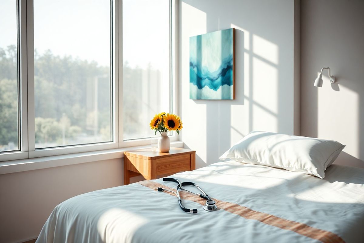 A photorealistic image depicting a serene and tranquil hospital room bathed in soft, natural light streaming through large windows. The room features a neatly made hospital bed with crisp white sheets and a colorful quilt, symbolizing comfort and care. A wooden bedside table holds a small vase with fresh sunflowers, adding a touch of warmth and cheerfulness to the environment. On the wall, a calming piece of abstract art in soothing blues and greens enhances the sense of peace. A stethoscope rests casually on the pillow, indicating the presence of medical care without being intrusive. In the background, a digital thermometer and a glass of water sit on the bedside table, emphasizing the importance of monitoring health. The overall atmosphere conveys a sense of hope and healing, making it an ideal visual representation of early diagnosis and effective management of viral meningitis, showcasing a supportive and nurturing environment for recovery. The gentle play of light and shadow adds depth, creating a welcoming and reassuring space for patients and their families.