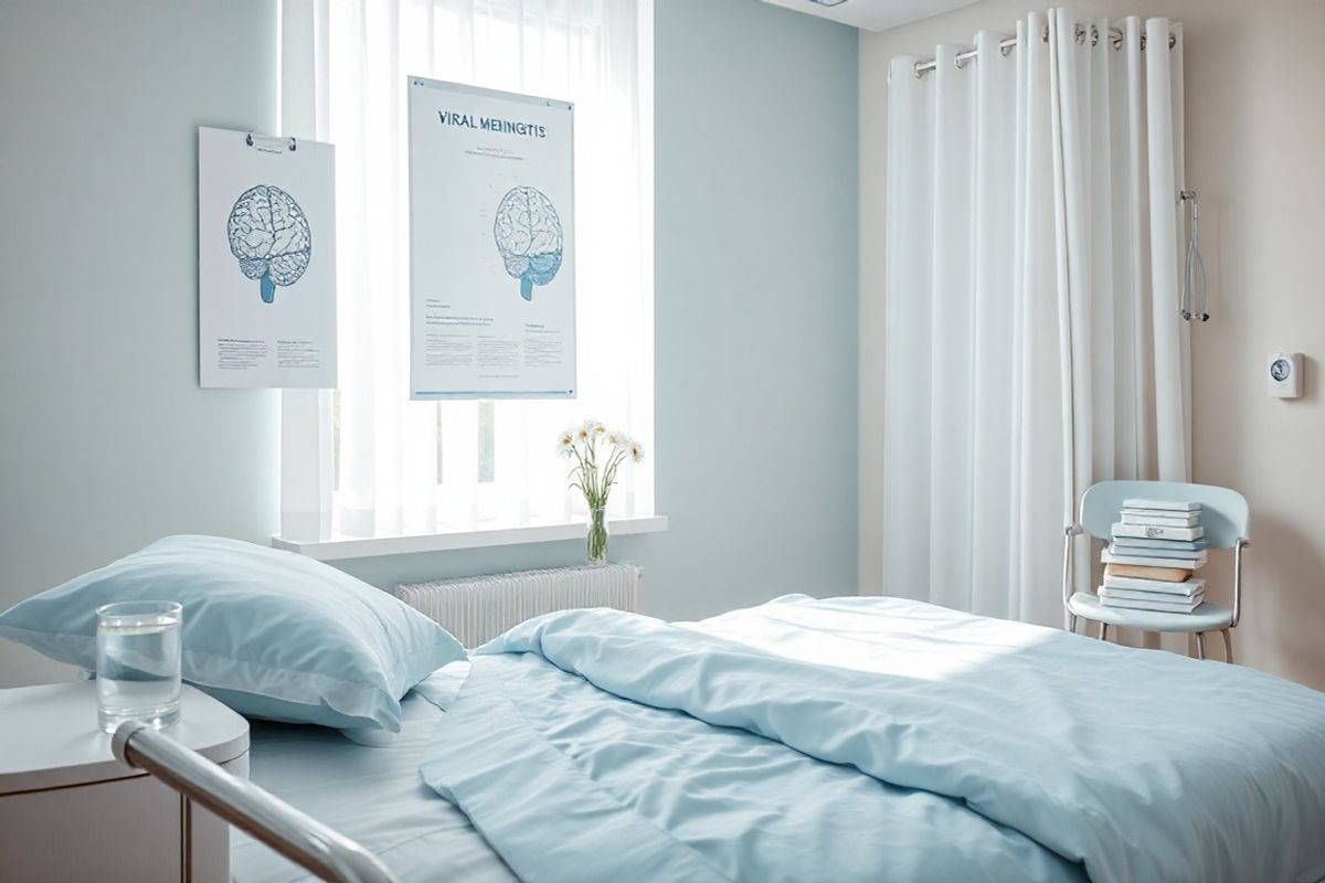 A photorealistic image depicting a serene and calming medical environment to represent viral meningitis awareness. The scene features a softly lit hospital room with a neatly made bed, adorned with light blue and white linens, suggesting comfort and care. On the bedside table, a glass of clear water and a small vase of fresh daisies add a touch of warmth to the sterile setting. The walls are painted in soothing pastel colors, while a large window allows natural light to filter through sheer white curtains, creating a tranquil atmosphere. In the background, a medical chart hangs on the wall, displaying a diagram of the human brain, subtly hinting at the topic of meningitis. A stethoscope and a few medical books are placed on a nearby chair, symbolizing the importance of healthcare and monitoring. The overall composition conveys a sense of hope and recovery, emphasizing the importance of early diagnosis and care for those affected by viral meningitis, while maintaining an inviting and reassuring ambiance.