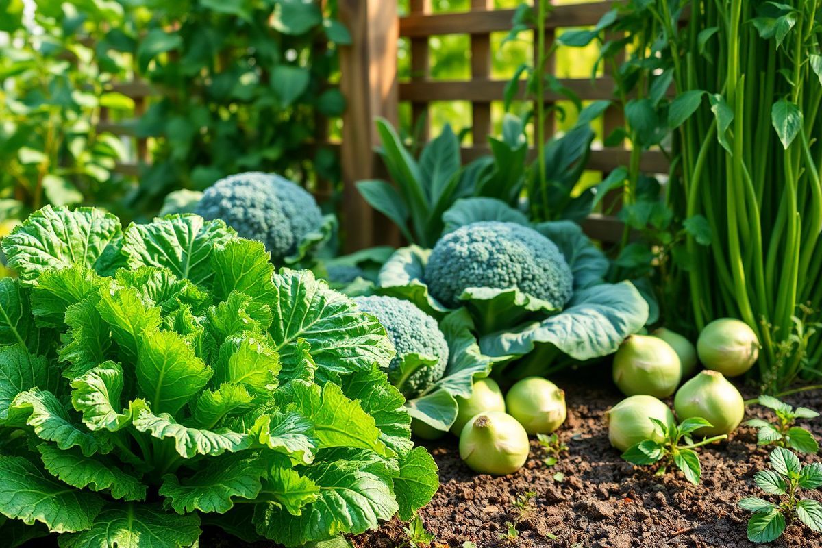 A vibrant and photorealistic image of a lush green garden filled with a variety of leafy vegetables serves as the focal point. In the foreground, a large, leafy kale plant showcases its deep green color, while clusters of fresh spinach and Brussels sprouts are arranged nearby, their textures glistening with dew drops. Behind them, tall stalks of broccoli stand proud, their florets bursting with vitality. Interspersed among the vegetables are delicate green beans, their slender forms adding a touch of elegance. The background features a wooden garden trellis adorned with climbing vines and a soft, diffused sunlight filtering through the leaves, casting gentle shadows on the soil beneath. The rich, earthy tones of the garden soil contrast beautifully with the vibrant greens, creating a harmonious and inviting atmosphere. A few small herbs, like basil and parsley, peek out from the corners, enhancing the freshness of the scene. This image captures the essence of health and nourishment, making it an ideal representation of the importance of vitamin K-rich foods in our diet.