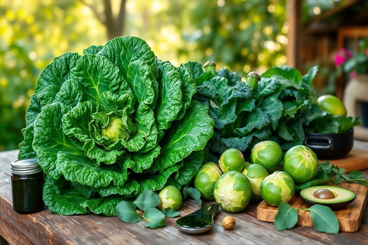 A vibrant, photorealistic image of a rustic wooden table laden with an array of fresh, green leafy vegetables, showcasing a bountiful harvest. In the foreground, a large, lush bunch of kale with its deep green, crinkled leaves stands prominently, surrounded by glistening spinach leaves, their smooth surfaces catching the light. Beside them, a bowl of Brussels sprouts displays their rich green color, while a few broccoli florets add a contrasting texture. Scattered around the vegetables are small jars of fermented foods, such as kimchi and natto, highlighting their importance as sources of vitamin K2. The background features a soft-focus garden setting, with hints of sunlight filtering through trees, creating a warm, inviting atmosphere. A subtle, rustic wooden cutting board rests nearby, where a few sliced avocados and a drizzle of dark green olive oil suggest the presence of healthy fats. The overall composition captures the essence of nourishment and health, emphasizing the beauty of nature’s bounty while inviting viewers to consider the vital role of vitamin K in their diet.