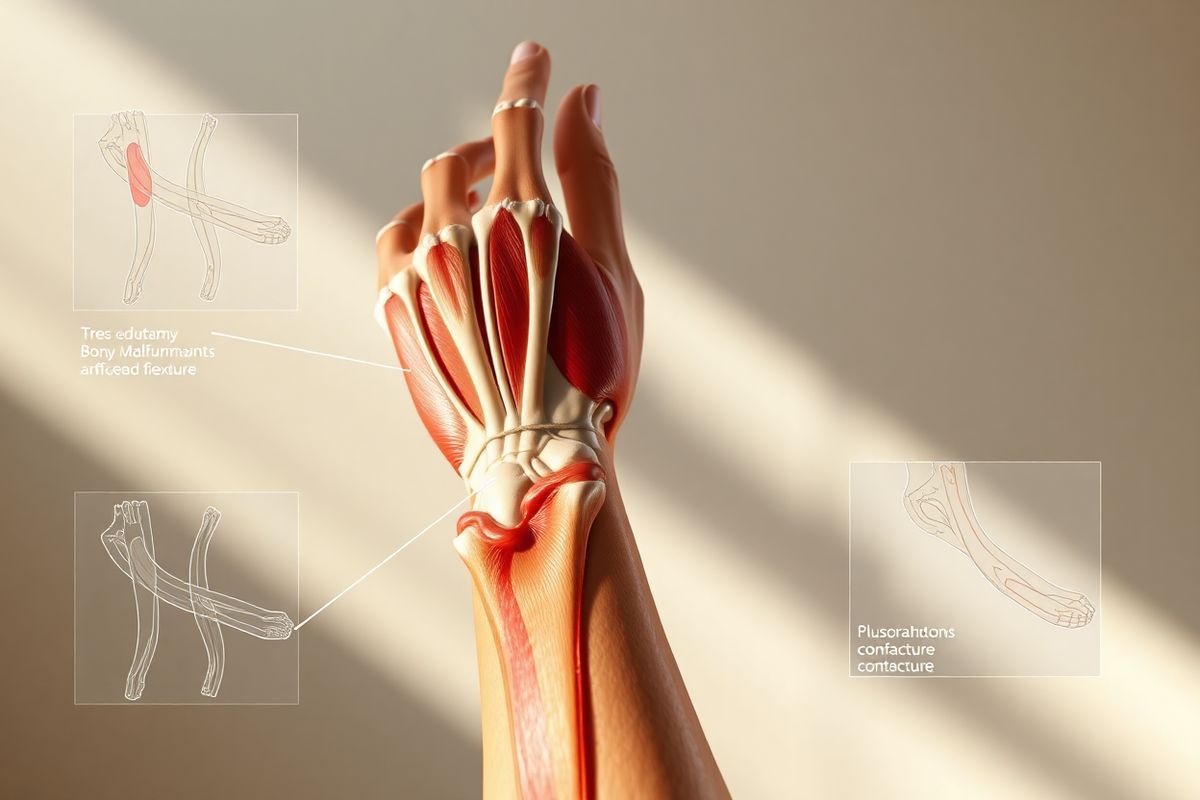 A photorealistic image depicting the intricate anatomy of the human forearm, focusing on the flexor tendons and surrounding structures. The forearm is shown in a neutral position, with the skin partially transparent to reveal the underlying muscles, tendons, and nerves. The flexor tendons are highlighted, demonstrating their pathway along the forearm and into the fingers. A close-up view captures the delicate details of tendon adhesions and possible bony malformations that could contribute to pseudo-Volkmann contracture. The background is softly blurred to emphasize the forearm, while natural lighting creates subtle shadows and highlights, enhancing the three-dimensional quality. Surrounding the forearm, there are faint outlines of anatomical diagrams illustrating the differences between healthy and affected tendons, without any text. The overall color palette is warm and organic, featuring skin tones and shades of red and pink to mimic healthy muscle tissue, contrasted with subtle hints of blue to indicate areas of inflammation or adhesion. This image conveys a sense of both beauty and complexity in human anatomy, drawing attention to the significance of understanding conditions like pseudo-Volkmann contracture.