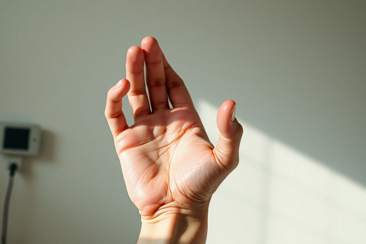 A photorealistic image depicting a close-up view of a human hand in a claw-like position, illustrating the characteristic flexion deformity associated with Volkmann contracture. The hand is placed against a neutral background, emphasizing the intricate details of the skin texture, veins, and tendons. The fingers are flexed tightly towards the palm, showcasing the distinct “claw-like” appearance. Soft, natural lighting highlights the contours and shadows, adding depth to the image. In the background, subtle hints of a medical setting can be seen, such as a blurred surgical instrument or a soft-focus hospital environment, reinforcing the clinical context. The overall tone is somber yet informative, capturing the seriousness of the condition while being visually striking and engaging for educational purposes. The image should evoke a sense of empathy and understanding of the challenges faced by individuals with this contracture, without depicting any explicit medical treatment or intervention.