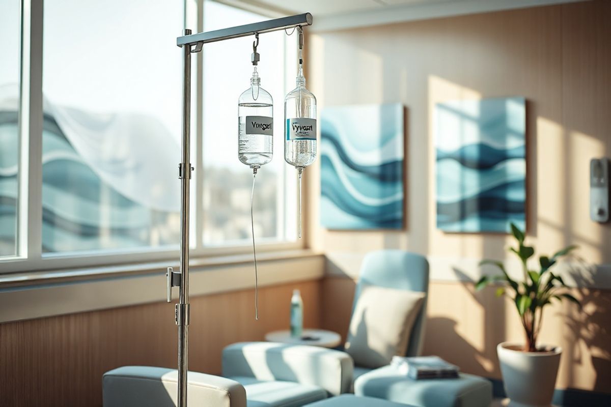 A serene hospital infusion room bathed in soft, natural light filtering through large windows. The focal point is a sleek IV stand with a clear bag of Vyvgart, elegantly labeled, suspended above a comfortable reclining chair. The chair is plush and inviting, with a light blue cushion that contrasts with the warm tones of the room. Nearby, a small table holds a few personal items—a water bottle, a cozy blanket, and a book. On the walls, calming artwork depicting abstract waves in soothing shades of blue and green enhances the tranquil atmosphere. A potted plant in the corner adds a touch of life to the space. The overall composition evokes a sense of hope and healing, emphasizing the importance of comfort and care in the treatment of patients with myasthenia gravis, while the soft shadows and reflections in the room create a photorealistic quality that draws the viewer in.