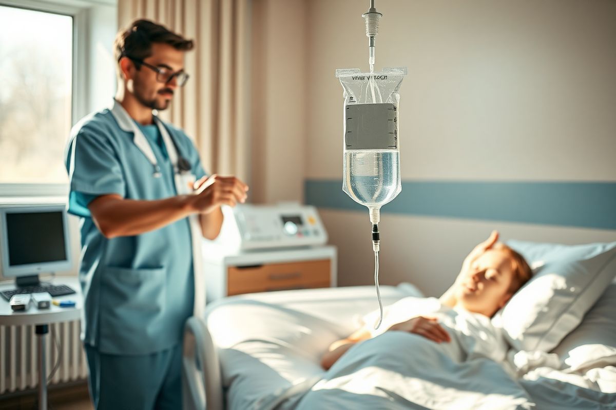 A photorealistic image depicting a serene clinical setting where a healthcare professional, dressed in scrubs and a lab coat, is preparing an intravenous infusion of Vyvgart. The background features a well-lit hospital room with soft, neutral-colored walls and a window allowing natural light to stream in. On a nearby table, there are sterile medical supplies, including IV bags and syringes, arranged neatly. The healthcare provider, focused and attentive, holds the IV bag up to the light, showcasing the clear solution inside, symbolizing hope and advanced medical treatment for myasthenia gravis patients. In the foreground, a comfortable hospital bed is visible, with a patient lying down, looking relaxed and hopeful, conveying a sense of care and compassion. The overall atmosphere should evoke feelings of trust, professionalism, and the promise of innovative healthcare, with soft shadows and warm lighting enhancing the comforting environment.