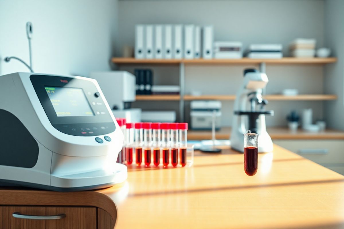 A photorealistic image depicting a serene clinical laboratory setting focused on the diagnosis of warm autoimmune hemolytic anemia (WAIHA). The scene features a bright, well-organized lab with a polished wooden countertop. On the counter, various diagnostic tools are elegantly arranged: a complete blood count (CBC) machine displaying a glowing screen, colorful test tubes filled with blood samples, and a microscope that reflects soft laboratory lighting. In the background, a shelf neatly stocked with medical reference books and lab equipment suggests a professional environment. A soft focus on the foreground captures a pipette poised over a sample, emphasizing precision and care. Natural light streams through a nearby window, illuminating the space and creating a warm, inviting atmosphere. The overall color palette includes soothing whites, blues, and greens, symbolizing cleanliness and health, while the intricate details of the equipment highlight the importance of accurate diagnosis in managing WAIHA. This image conveys a sense of hope and professionalism, reflecting the critical role of laboratory diagnostics in understanding and treating autoimmune hemolytic anemia.