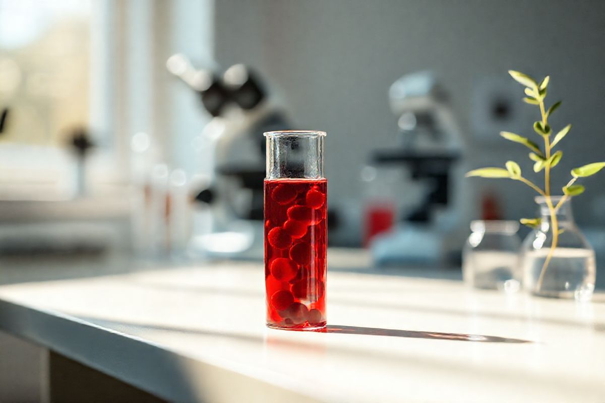 A photorealistic decorative image depicting a serene medical setting. In the foreground, a close-up view of a glass laboratory vial filled with a deep crimson liquid, symbolizing red blood cells, sits on a clean, white surface. Soft, natural light filters through a nearby window, casting gentle shadows and illuminating the vial’s contents. In the background, blurred silhouettes of medical equipment, such as a microscope and test tubes, create an atmosphere of scientific exploration and discovery. To the side, a small, elegant plant with green leaves adds a touch of life to the scene. The overall color palette is warm and inviting, with soft hues of red and green against the sterile white, evoking a sense of hope and healing within the context of warm autoimmune hemolytic anemia.