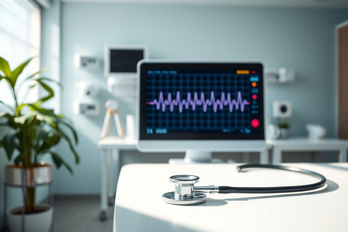 A photorealistic image captures a serene medical environment, showcasing a close-up view of a high-tech electrocardiogram (EKG) monitor displaying vibrant, clear waveforms indicative of a heart in rhythm. The backdrop features a softly lit hospital room, with calming colors and modern medical equipment subtly arranged. In the foreground, a stethoscope lies gracefully on a sterile white surface, symbolizing the connection between technology and patient care. A faint reflection of a heartbeat can be seen on the monitor, emphasizing the critical nature of heart health. Soft, natural light filters in through a nearby window, casting gentle shadows and creating a peaceful atmosphere, while a potted plant in the corner adds a touch of life and warmth to the clinical setting. The overall composition exudes a sense of professionalism, hope, and the importance of monitoring cardiac health, making it an ideal visual accompaniment to the topic of ventricular tachycardia and wide complex tachycardia.