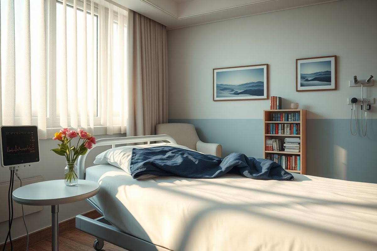 A photorealistic image of a serene hospital room with soft, ambient lighting creates a calming atmosphere. The room features a large window with sheer curtains that gently diffuse the sunlight, casting a warm glow across the space. In the foreground, a comfortable hospital bed is neatly made, adorned with crisp white sheets and a plush navy blue blanket. Beside the bed, a sleek bedside table holds a small vase of fresh flowers, adding a touch of color and life to the scene. An EKG monitor is visible on the adjacent wall, displaying a steady heart rhythm, with its cables neatly organized. The walls are painted in soothing pastel colors, and framed artwork depicting tranquil landscapes hangs on the walls. A cozy armchair in the corner invites visitors to sit, while a small bookshelf filled with medical literature and comforting novels adds warmth and depth to the room. The overall composition conveys a sense of care, safety, and hope, reflecting the medical environment while emphasizing the importance of healing and well-being.