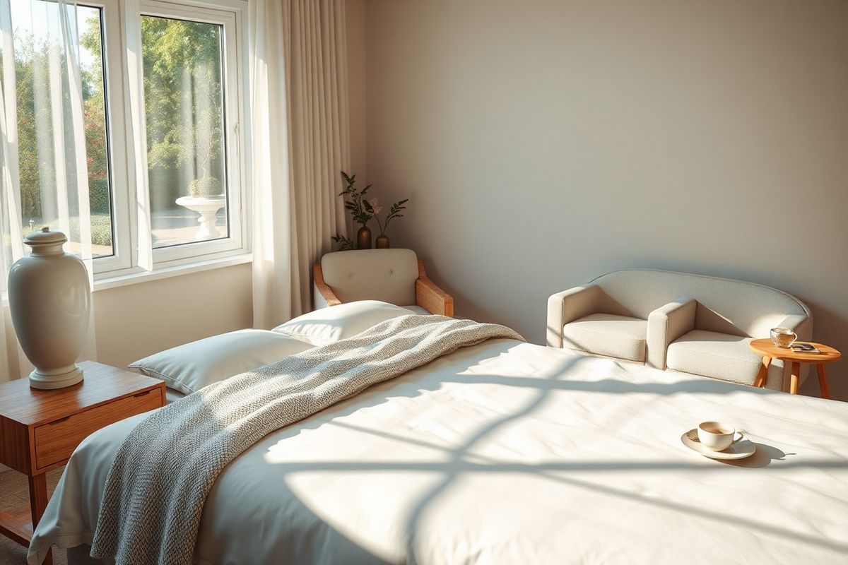 A serene and tranquil bedroom scene bathed in soft, warm lighting. The focal point is a neatly made king-sized bed with plush white linens and a textured light grey throw draped across the foot. Beside the bed, a stylish wooden nightstand holds a delicate porcelain lamp with a soft glow, casting gentle shadows that enhance the calming atmosphere. A large window adorned with sheer curtains allows natural light to filter in, revealing a view of a peaceful garden with blooming flowers and lush greenery in the background. On the opposite wall, a cozy armchair upholstered in a muted pastel fabric invites relaxation, accompanied by a small side table that holds a steaming cup of herbal tea. The overall color palette consists of soothing neutrals with splashes of soft blues and greens, creating an inviting ambiance that promotes restfulness and tranquility, perfectly mirroring the restorative qualities associated with Xywav and its benefits for sleep disorders. The image evokes a sense of calm and well-being, making it an ideal representation of a restful space conducive to quality sleep.