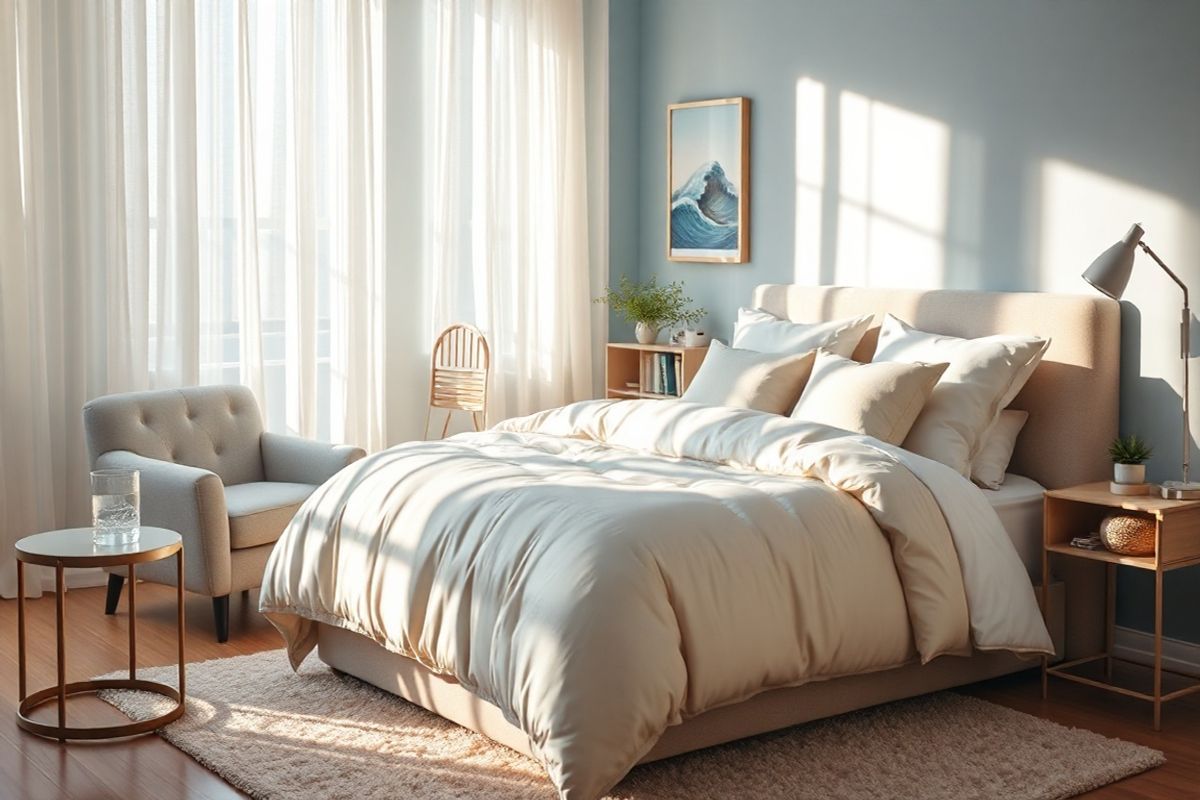 A serene bedroom scene bathed in soft, warm light creates a tranquil atmosphere. The focal point is a plush, king-sized bed adorned with a luxurious, cream-colored duvet and an array of fluffy pillows in gentle pastels. On one side of the bed, a stylish nightstand holds a sleek glass of water and a small potted succulent, symbolizing hydration and natural wellness. The walls are painted in a calming light blue hue, complemented by sheer white curtains that flutter gently in a soft breeze, allowing natural light to filter through.   In the background, a cozy armchair upholstered in light grey sits next to a small bookshelf filled with well-loved books on sleep and wellness. A minimalist artwork depicting abstract waves hangs above the bed, evoking a sense of calm and relaxation. The floor is adorned with a plush area rug in neutral tones, adding warmth to the space. Soft shadows dance across the room, creating a peaceful ambiance that invites rest and rejuvenation, perfectly reflecting the essence of managing side effects and enhancing sleep quality with Xywav.