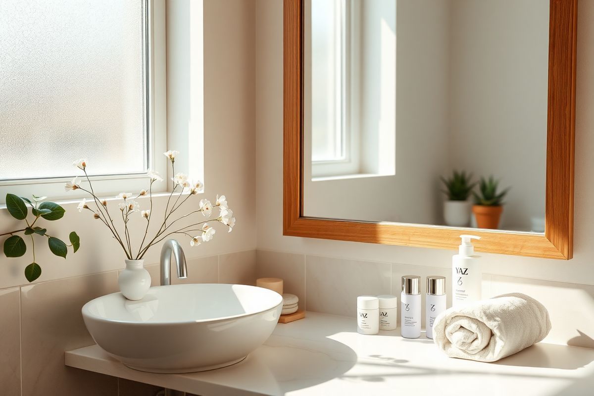 A serene and inviting scene depicting a stylish bathroom setting, bathed in soft, natural light filtering through a frosted window. The focal point is an elegant white porcelain sink adorned with delicate, blooming flowers in a small vase, adding a touch of freshness and color. Nearby, a neatly arranged collection of skincare products, including a sleek bottle of Yaz, is placed on a marble countertop next to a plush, rolled-up towel. A large mirror reflects the calming atmosphere, framed in warm wood that complements the soft beige and cream tones of the walls. Subtle greenery, such as a potted succulent, sits on a windowsill, enhancing the tranquil ambiance. The overall composition conveys a sense of relaxation and self-care, inviting viewers to imagine a moment of peace amidst daily routines. The focus is on the aesthetic harmony of the space, creating a visually appealing environment that resonates with themes of health and well-being.