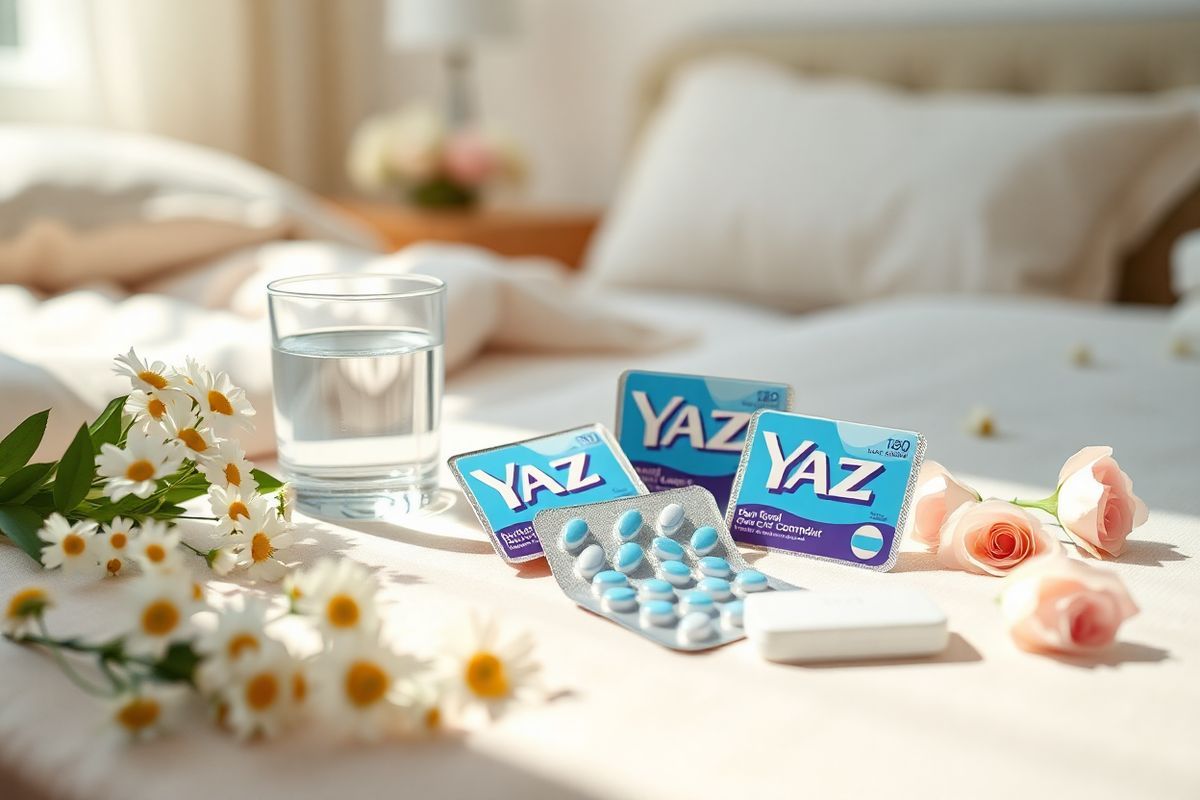 A serene and elegant arrangement of Yaz birth control pill packs displayed on a soft, pastel-colored surface, surrounded by delicate, fresh flowers like white daisies and soft pink roses. The setting is bathed in gentle natural light, creating a warm and inviting atmosphere. In the background, a faint blur of a tranquil bedroom can be seen, with soft linens and a cozy ambiance. The pill packs are positioned artfully, some slightly opened to reveal the vibrant blue and white pills within, highlighting their importance. A small, clear glass of water sits nearby, along with a stylish, minimalistic pillbox for organization. The overall composition conveys a sense of calmness and health, emphasizing the importance of self-care and well-being, while the floral elements add a touch of nature and femininity to the scene.