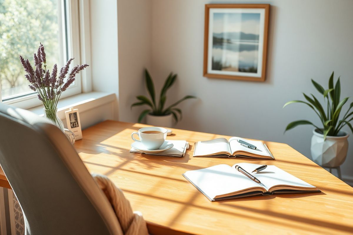 A serene and calming scene of a cozy home office space bathed in soft, natural light filtering through a large window. The desk is made of warm, polished wood and is adorned with a delicate vase of fresh lavender, exuding a soothing fragrance. A comfortable, ergonomic chair is positioned at the desk, inviting relaxation. On the desk, there is a neatly arranged collection of writing tools, a steaming cup of herbal tea, and an open notebook with a pen poised, suggesting a moment of reflection or mindfulness. The background features a lush green plant in a decorative pot, adding a touch of nature to the space. A soft throw blanket drapes over the chair, and a framed artwork depicting a tranquil landscape hangs on the wall, enhancing the peaceful atmosphere. The overall color palette is a blend of soft pastels and earthy tones, creating a harmonious environment that promotes relaxation and focus, ideal for stress relief and creativity.