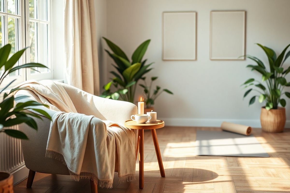 A serene and cozy indoor scene captures a peaceful corner of a living room, illuminated by soft, natural light streaming through a large window. In the foreground, a plush, inviting armchair is draped with a lightweight, pastel-colored throw blanket, suggesting comfort and relaxation. A small, round wooden side table beside the chair holds a steaming cup of herbal tea, wisps of steam curling upward, and a fragrant candle flickering gently, casting a warm glow.   In the background, lush indoor plants add a touch of greenery, their leaves vibrant and healthy, contributing to a calming atmosphere. A yoga mat is rolled out on a wooden floor, hinting at a space for mindfulness and relaxation practices. The walls are adorned with subtle, abstract art pieces in soft hues, enhancing the tranquil ambiance.   The overall composition evokes a sense of peace and stress relief, inviting viewers to imagine themselves unwinding in this tranquil setting, engaging in relaxation techniques to manage stress-related headaches. The image radiates warmth, comfort, and the importance of self-care in a busy world.