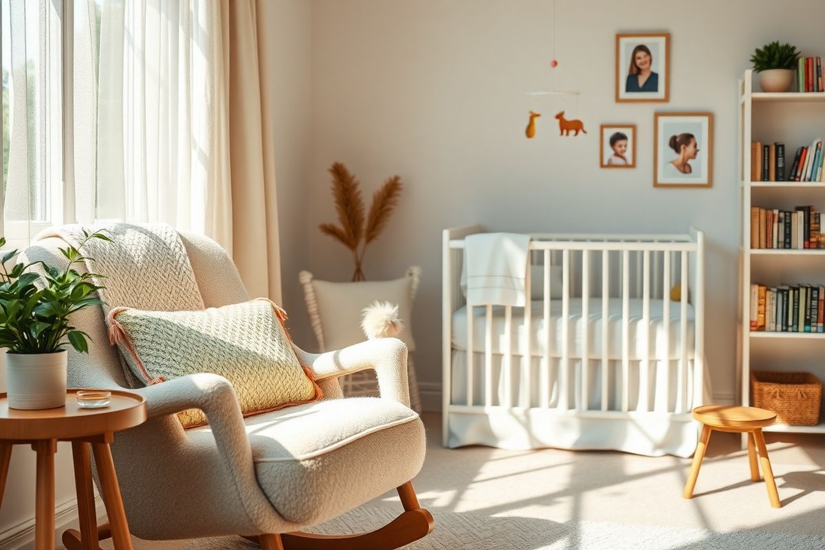 A serene and cozy indoor scene featuring a nurturing environment for a mother and her infant. In the foreground, a soft, plush rocking chair is adorned with a delicate knitted blanket and a couple of colorful cushions. Nearby, a wooden side table holds a steaming cup of herbal tea and a small potted plant, adding a touch of greenery. Natural light filters through a sheer curtain, casting gentle shadows across the room. In the background, a crib with white bedding is positioned near a window, where a baby mobile gently sways, depicting whimsical animals. The walls are painted in soothing pastel tones, and framed photographs of happy family moments hang slightly askew, enhancing the homey feel. On a shelf, a collection of well-loved books about parenting and mental health is organized neatly. The overall atmosphere exudes warmth, comfort, and tranquility, reflecting the importance of mental health and nurturing bonds between mother and child. This inviting space embodies safety and love, making it an ideal setting for a mother managing her mental well-being while caring for her infant.