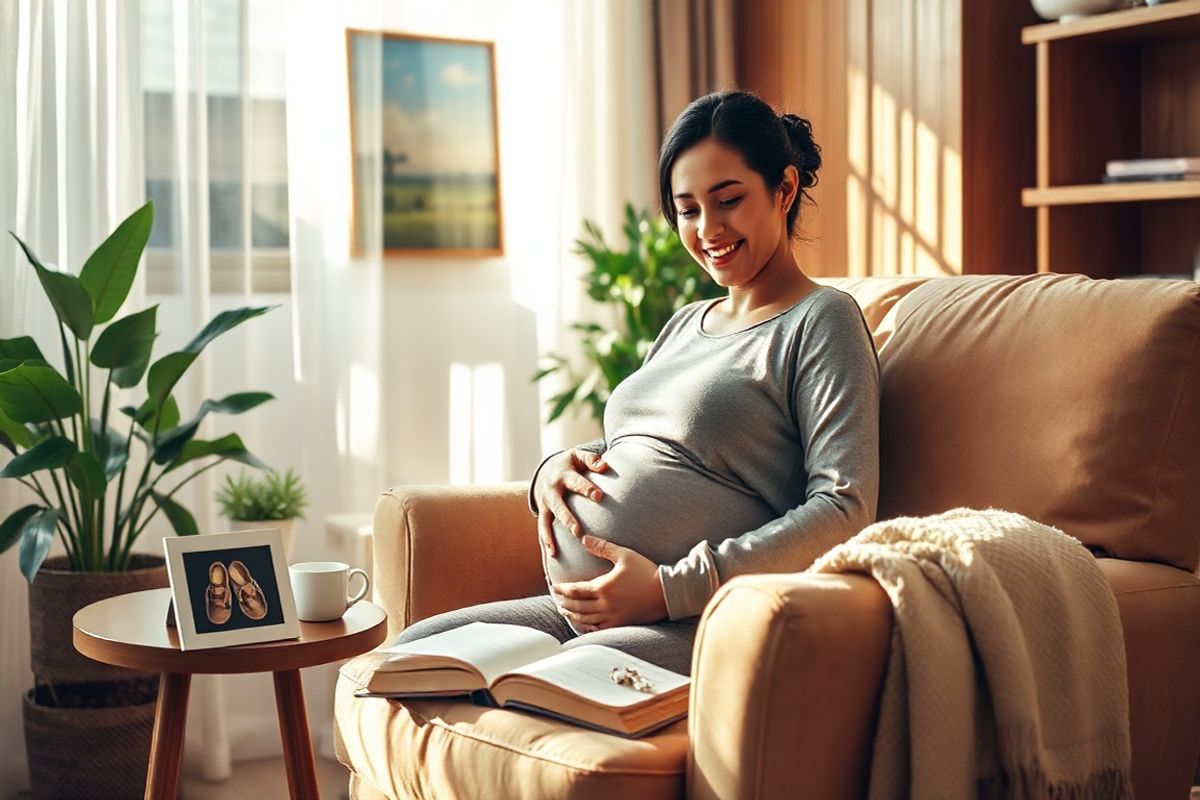 A serene scene unfolds in a softly lit, cozy living room, where a pregnant woman sits comfortably on a plush, oversized chair, cradling her baby bump with a gentle smile. The room is adorned with warm, earthy tones, featuring wooden accents and lush green plants that bring a touch of nature indoors. Sunlight filters through sheer curtains, casting a warm glow on the woman and illuminating a small side table adorned with a steaming cup of herbal tea and an open book on mental health. In the background, a calming painting of a tranquil landscape hangs on the wall, while a throw blanket drapes over the arm of the chair, inviting relaxation. The atmosphere feels nurturing and peaceful, encapsulating the essence of maternal well-being and the importance of mental health during pregnancy. Delicate details, such as a framed ultrasound photo on the table and a pair of tiny baby shoes placed nearby, add a personal touch, enhancing the emotional depth of the scene. The entire composition radiates comfort and hope, embodying the balance between self-care and the anticipation of new life.