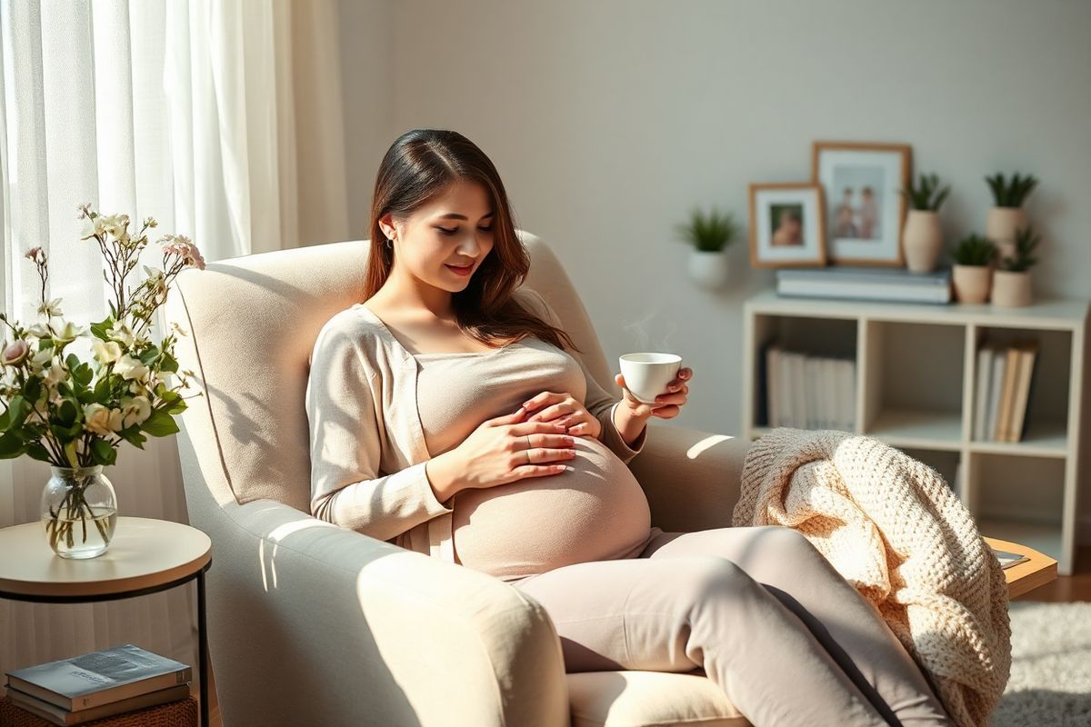 A serene and inviting scene unfolds in a softly lit room, where a pregnant woman sits comfortably in a plush, neutral-toned armchair. She cradles her rounded belly with one hand while gently holding a steaming cup of herbal tea in the other, embodying a moment of tranquility and mindfulness. Surrounding her are delicate, pastel-colored decorations, including a vase filled with fresh flowers, a few scattered books on mental health and parenting, and a cozy knitted blanket draped over the armchair. Sunlight filters through sheer curtains, casting a warm glow that highlights the woman’s content expression, reflecting a sense of peace and hope. In the background, a small bookshelf displays framed family photos and plants, adding to the nurturing atmosphere. The overall composition conveys the importance of mental health during pregnancy, emphasizing comfort, support, and the beauty of motherhood. This image captures a moment of reflection and connection, making it ideal for illustrating the complexities of maternal mental health and the discussions surrounding treatment options like Zoloft.