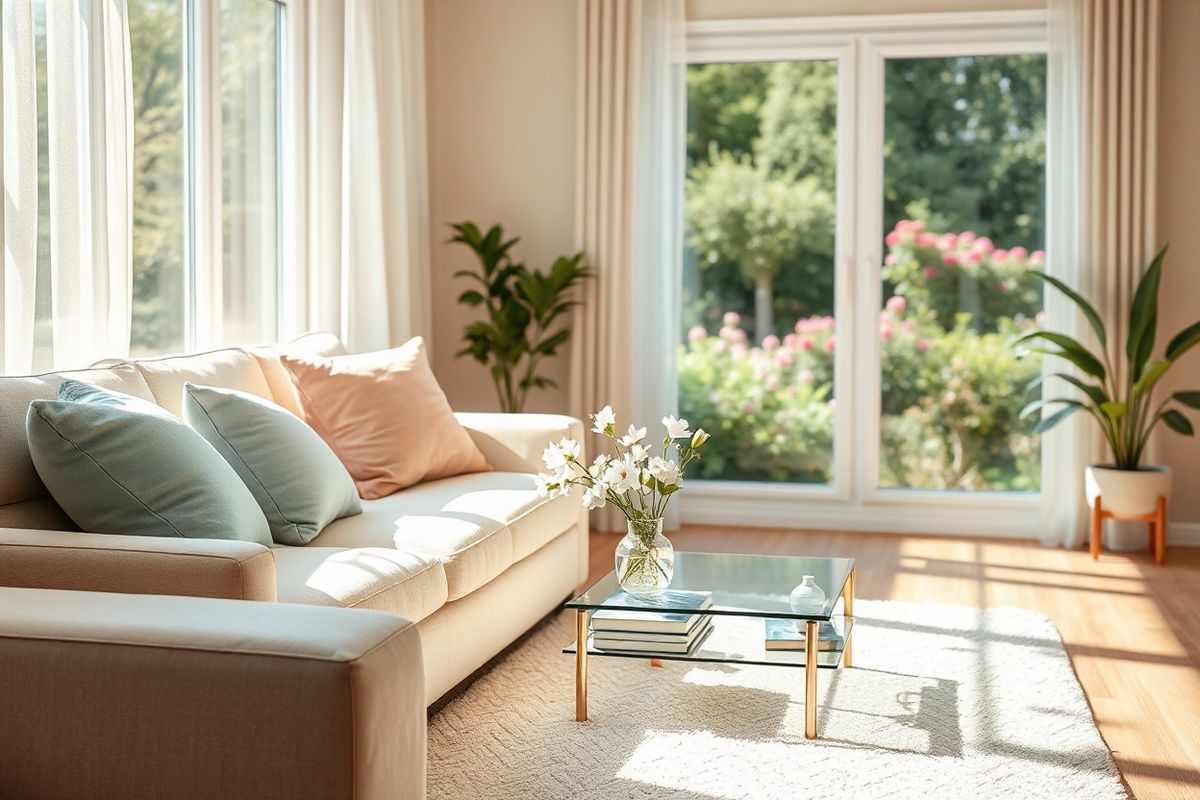 A serene and cozy living room setting bathed in warm, natural light. In the foreground, a plush, light-colored sofa adorned with soft cushions in pastel shades of blue and pink invites relaxation. A glass coffee table rests on a soft, textured area rug, showcasing a small vase filled with fresh white flowers and a few well-placed books. In the background, a large window with sheer curtains allows sunlight to filter through, illuminating a potted plant that adds a touch of greenery to the space. The walls are painted in a calming neutral tone, enhancing the peaceful atmosphere. A tranquil scene outside the window reveals a glimpse of a blooming garden, with vibrant flowers and lush foliage, further promoting a sense of well-being. This comforting environment emphasizes the importance of mental health and self-care, making it an inviting and supportive backdrop for discussions about managing depression during pregnancy.