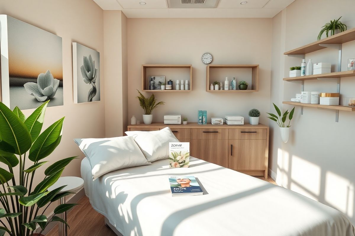 A photorealistic decorative image of a serene and inviting medical consultation room designed for dermatological care. The room features soft, neutral-colored walls adorned with calming nature-themed artwork, such as gentle landscapes or close-up images of soothing plants. In the center, a comfortable examination table is covered with a clean, crisp white sheet, flanked by plush pillows. A small, tidy side table holds a selection of pamphlets about skin care treatments, including a visibly labeled brochure for Zoryve. Natural light filters through large windows, creating a warm and welcoming atmosphere, with green plants placed strategically in the corners to evoke a sense of tranquility. On the walls, shelves display various skin care products and medical tools organized neatly, emphasizing professionalism. The overall ambiance is one of comfort and reassurance, suggesting a space where patients can feel secure discussing their skin concerns and exploring treatment options.