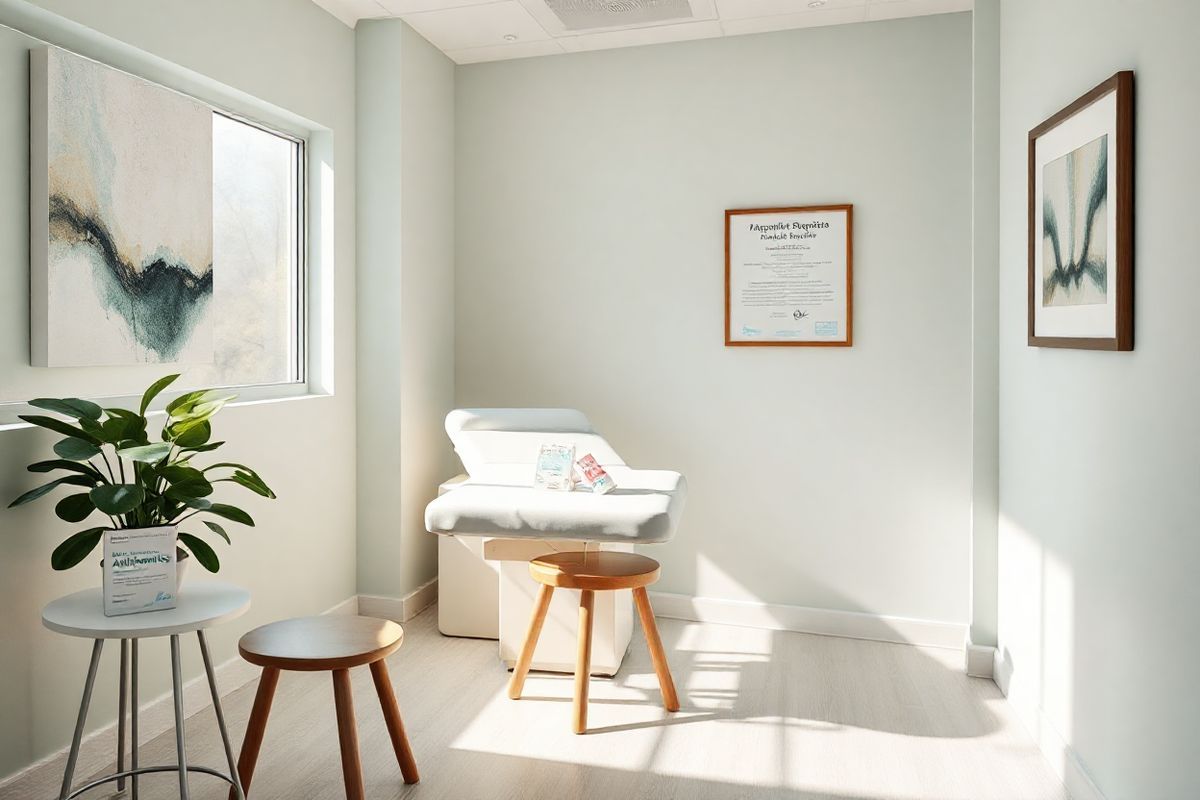 A serene, photorealistic depiction of a tranquil medical office setting dedicated to dermatology. The image features a softly lit examination room with calming pastel-colored walls adorned with abstract art that evokes a sense of peace. In the center, there’s an examination table covered with a crisp white sheet, flanked by a sleek wooden stool. A small table beside the examination table holds an array of medical supplies, including a box of antihistamines and a patch testing kit, emphasizing the focus on managing allergic reactions. Natural light streams in through a large window, illuminating a potted plant that adds a touch of greenery and life to the space. On the wall, a framed certificate of dermatological expertise hangs, subtly hinting at the professionalism of the environment. The overall atmosphere conveys a sense of safety and reassurance, ideal for patients seeking treatment for skin conditions, with the image capturing the essence of patient care and education in a dermatological context.