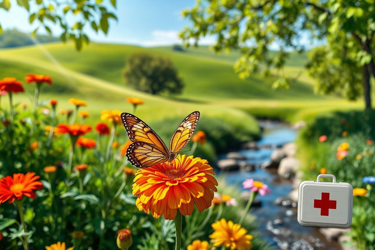 A photorealistic decorative image features a serene, natural setting with a vibrant garden filled with blooming flowers in various colors, including deep reds, bright yellows, and soft blues. In the foreground, a delicate butterfly rests on a vibrant marigold petal, its wings showcasing intricate patterns that shimmer in the sunlight. The background displays a lush green landscape with gentle rolling hills and a clear blue sky, creating a sense of tranquility. Nearby, a small stream reflects the sunlight, adding a touch of sparkle to the scene. Soft, dappled light filters through the leaves of nearby trees, casting gentle shadows on the ground. In the corner, a subtle hint of a medical theme is included with a small, unobtrusive first aid kit nestled among the garden foliage, symbolizing health and well-being without overpowering the natural beauty of the setting. This harmonious blend of nature and a gentle nod to health creates a calming visual that aligns perfectly with the themes of skin treatment and care.