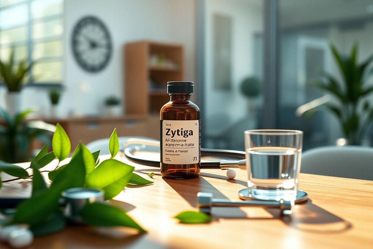 A close-up view of a serene, softly-lit pharmaceutical setting, featuring a sleek glass bottle of Zytiga (abiraterone acetate) prominently displayed on a polished wooden table. The bottle is surrounded by scattered green leaves, symbolizing healing and nature. In the background, a blurred view of a modern medical office with soft lighting creates a calming atmosphere. A stethoscope rests gently beside the bottle, emphasizing the medical context, while a small, elegant glass of water is positioned nearby, representing the oral administration of the medication. Sunlight streams through a nearby window, casting gentle shadows and illuminating the bottle’s label, which is not legible but adds a sense of authenticity to the scene. The overall composition exudes a sense of hope and tranquility, reflecting the importance of medication in cancer treatment while maintaining a clean, photorealistic aesthetic. The colors are warm and inviting, with rich browns, greens, and soft whites creating a harmonious balance that draws the viewer’s eye to the central elements, inviting contemplation about health and wellness.