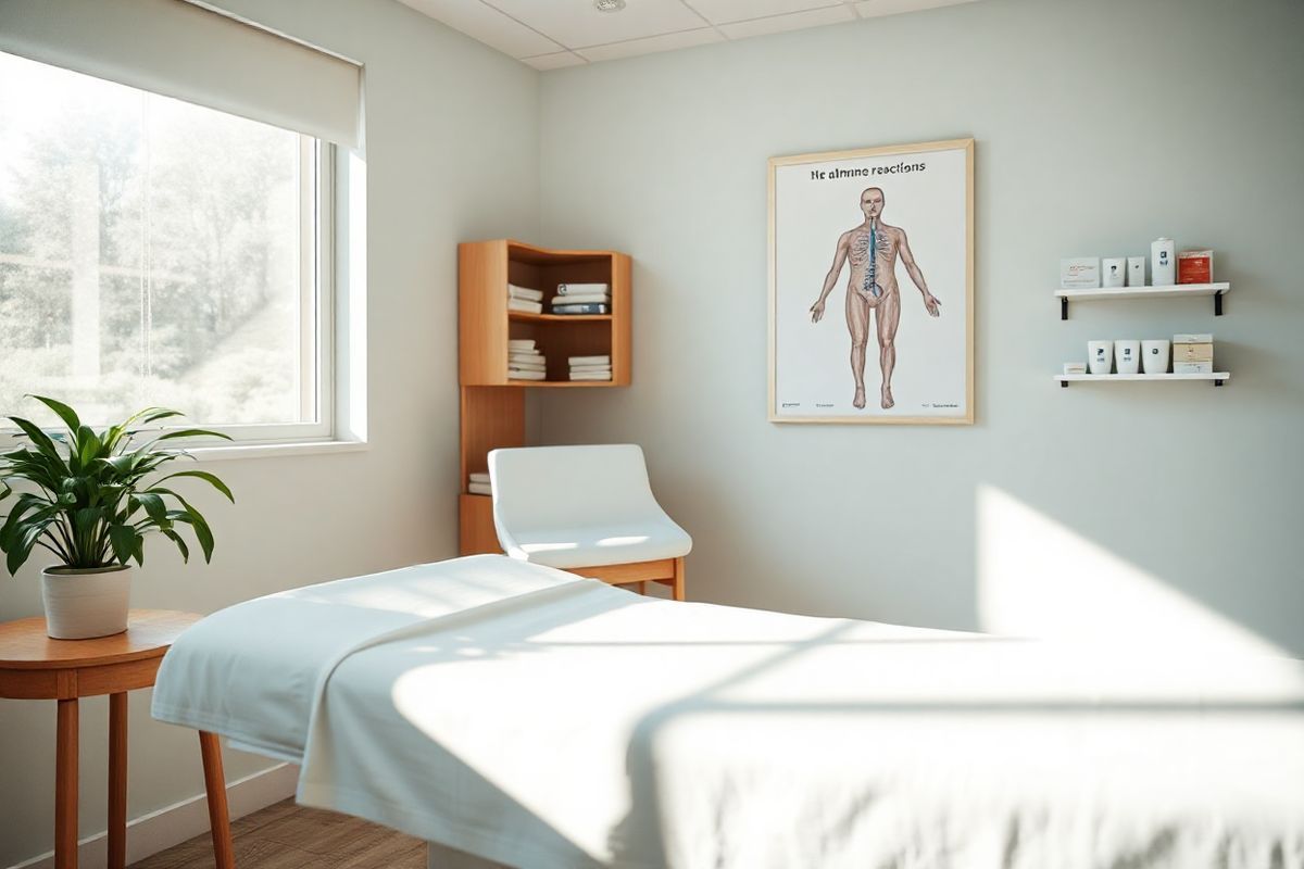 A serene and calming scene of a well-lit doctor’s office, featuring a plush examination table draped in crisp white linens. The walls are painted in soft pastel tones, creating a soothing atmosphere. A wooden desk sits in one corner, adorned with neatly stacked medical books and a potted plant, adding a touch of greenery. On the wall, a framed anatomical chart of the human body illustrates the immune system, subtly hinting at health and wellness. In the background, a large window allows natural light to stream in, illuminating the space and casting gentle shadows. A small shelf displays medical supplies, like bandages and antiseptics, organized neatly. The overall ambiance is tranquil and inviting, designed to evoke a sense of safety and reassurance for patients, reinforcing the importance of monitoring health and being aware of potential allergic reactions while undergoing treatment with medications like Zytiga. The image captures a moment of quiet reflection, emphasizing the significance of patient education and the supportive environment essential in healthcare settings.