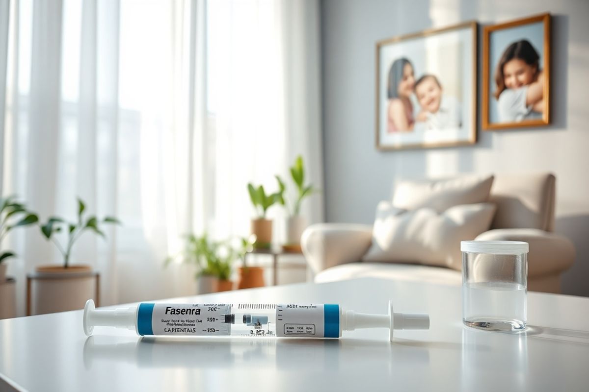 A photorealistic image depicting a serene home healthcare setting for administering Fasenra. The composition features a well-lit, cozy room with soft natural light filtering through sheer curtains. In the foreground, a clean, organized table holds a Fasenra pre-filled syringe and an auto-injector, alongside essential supplies like alcohol swabs and a sharps disposal container. A comfortable chair with a plush cushion is positioned nearby, inviting patients to sit during their injection. The background showcases a soothing color palette, with light blues and whites, creating a calm atmosphere. Potted plants add a touch of greenery, symbolizing health and vitality. A framed picture of a happy family hangs on the wall, enhancing the sense of warmth and support. The entire scene conveys an air of reassurance and simplicity, emphasizing the ease of administering Fasenra in a familiar and comforting environment. This image encapsulates both the clinical and personal aspects of managing eosinophilic asthma at home, making it an ideal visual representation for the accompanying text.