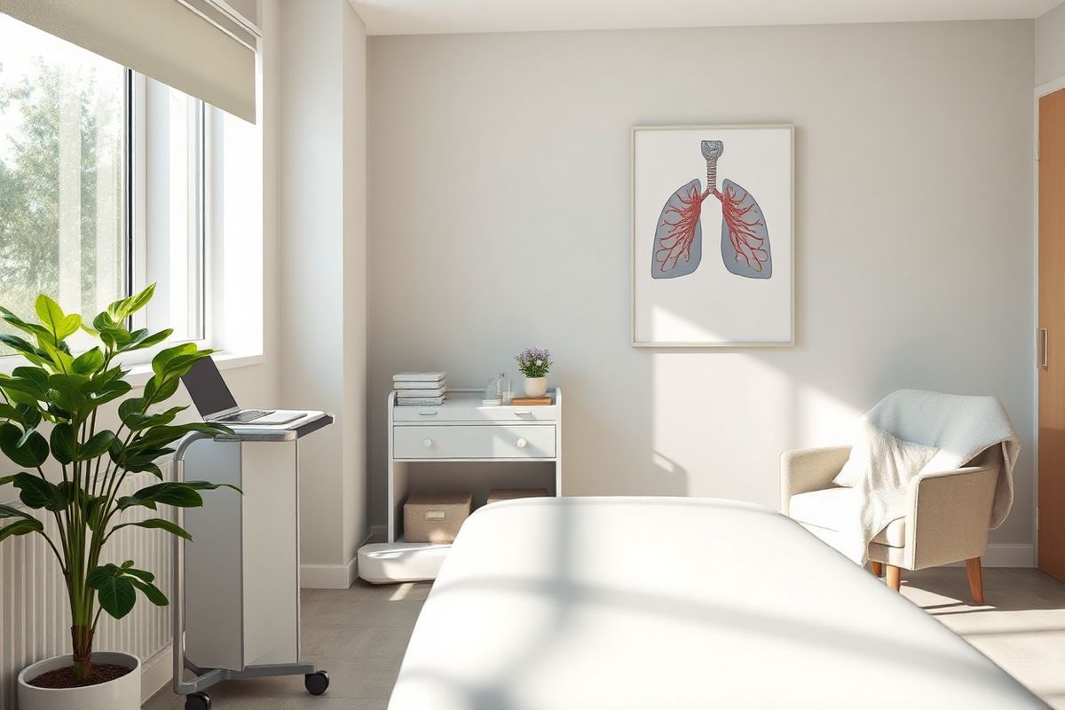 A photorealistic image depicting a serene and tranquil setting in a modern healthcare environment. The scene features a well-lit, inviting consultation room with soft, neutral-toned walls and a large window allowing natural light to flood in. In the foreground, there is a sleek, minimalist treatment table with a plush, white cushion, complemented by a few neatly arranged medical instruments on a nearby cart.   To the side, a potted plant with lush green leaves adds a touch of nature, symbolizing growth and healing. A framed anatomical poster of the human respiratory system hangs on the wall, subtly hinting at the focus on respiratory health. A comfortable armchair is positioned near the window, adorned with a soft throw blanket, creating an inviting space for patients.   The overall ambiance is calming and professional, with soft lighting creating a warm atmosphere. The image conveys a sense of hope and well-being, reflecting the positive impact of treatments like Fasenra on individuals with eosinophilic asthma, emphasizing a journey toward improved health and quality of life.