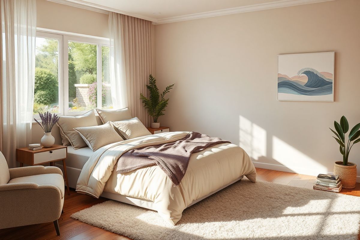 A serene bedroom scene is depicted, showcasing a cozy, inviting atmosphere perfect for restful sleep. The focal point is a plush, king-sized bed adorned with soft, neutral-toned bedding and an array of decorative pillows, inviting relaxation. To one side of the bed, a stylish nightstand holds a small, softly glowing lamp and a delicate vase of fresh lavender, adding a touch of nature. The walls are painted in calming pastel shades, while sheer curtains gently filter the soft morning light, creating a warm ambiance. A large window reveals a view of a peaceful garden, with lush greenery and colorful flowers, enhancing the tranquility of the space. On the opposite wall, a simple artwork depicting abstract waves in soothing colors complements the overall aesthetic. The room features warm wooden flooring with a plush area rug beneath the bed, adding texture and comfort. Subtle details like a comfortable armchair in the corner, a stack of books nearby, and a potted plant contribute to the inviting and peaceful environment, making it an ideal setting for restful sleep and reflection.