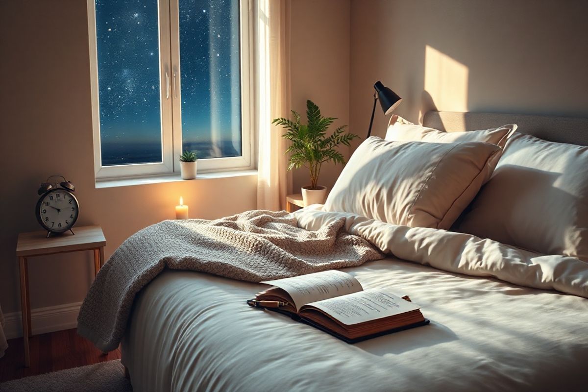 A serene bedroom scene bathed in soft, warm light, featuring a neatly made bed with plush, inviting pillows and a cozy, textured blanket. The walls are painted in calming, muted tones, creating a peaceful atmosphere. A bedside table holds a small, flickering candle alongside a delicate clock, subtly indicating a late evening hour. On the opposite side, a window reveals a tranquil night sky dotted with twinkling stars, casting gentle shadows across the room. An open sleep diary lies on the bed, its pages slightly turned, revealing handwritten notes and a pen resting beside it. A potted plant, symbolizing tranquility, sits on the windowsill, while a soft rug underfoot adds warmth to the wooden floor. The overall composition evokes a sense of calmness and introspection, encouraging the viewer to embrace the importance of sleep and self-reflection in a cozy, inviting environment.