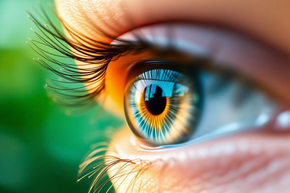 A serene and photorealistic close-up image of an eye, showcasing a vibrant iris and a glistening cornea, captures the essence of eye health. The image features a soft, natural light illuminating the eye, highlighting the intricate patterns and colors of the iris, which transitions from deep blue at the periphery to a warm golden hue near the pupil. Surrounding the eye, the delicate eyelashes frame the scene, adding depth and texture. In the background, a subtle blur of greens and blues evokes the calming atmosphere of nature, symbolizing health and vitality. Soft bokeh effects enhance the focus on the eye, drawing attention to the importance of vision and eye care. The overall composition radiates a sense of tranquility and clarity, inviting viewers to appreciate the beauty and complexity of the human eye, while subtly reinforcing the theme of cataract awareness and the significance of maintaining eye health through modern treatments and nutritional support.